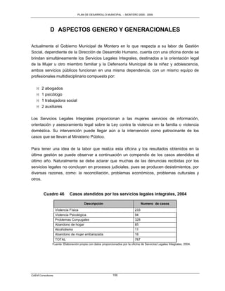 PLAN DE DESARROLLO MUNICIPAL – MONTERO 2005 - 2009




             D ASPECTOS GENERO Y GENERACIONALES

Actualmente el Gobierno Municipal de Montero en lo que respecta a su labor de Gestión
Social, dependiente de la Dirección de Desarrollo Humano, cuenta con una oficina donde se
brindan simultáneamente los Servicios Legales Integrales, destinados a la orientación legal
de la Mujer u otro miembro familiar y la Defensoría Municipal de la niñez y adolescencia,
ambos servicios públicos funcionan en una misma dependencia, con un mismo equipo de
profesionales multidisciplinario compuesto por:

   M   2 abogados
   M   1 psicólogo
   M   1 trabajadora social
   M   2 auxiliares

Los Servicios Legales Integrales proporcionan a las mujeres servicios de información,
orientación y asesoramiento legal sobre la Ley contra la violencia en la familia o violencia
doméstica. Su intervención puede llegar aún a la intervención como patrocinante de los
casos que se llevan al Ministerio Público.

Para tener una idea de la labor que realiza esta oficina y los resultados obtenidos en la
última gestión se puede observar a continuación un compendio de los casos atendidos el
último año. Naturalmente se debe aclarar que muchas de las denuncias recibidas por los
servicios legales no concluyen en procesos judiciales, pues se producen desistimientos, por
diversas razones, como: la reconciliación, problemas económicos, problemas culturales y
otros.


         Cuadro 46          Casos atendidos por los servicios legales integrales, 2004

                                       Descripción                                 Numero de casos
                   Violencia Física                                          233
                   Violencia Psicológica                                     94
                   Problemas Conyugales                                      328
                   Abandono de hogar                                         85
                   Alcoholismo                                               11
                   Abandono de mujer embarazada                              16
                   TOTAL                                                     767
               Fuente: Elaboración propia con datos proporcionados por la oficina de Servicios Legales Integrales, 2004.




CAEM Consultores                                            106
 