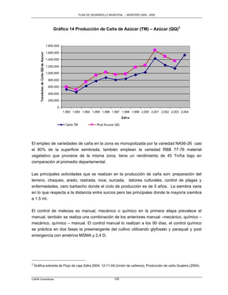 PLAN DE DESARROLLO MUNICIPAL – MONTERO 2005 - 2009




                                              Gráfico 14 Producción de Caña de Azúcar (TM) – Azúcar (QQ)3


                                         1,800,000

                                         1,600,000
        Toneladas de Caña-QQ de Azucar




                                         1,400,000

                                         1,200,000

                                         1,000,000

                                          800,000

                                          600,000

                                          400,000

                                          200,000

                                                0
                                                     1,992 1,993 1,994 1,995 1,996 1,997 1,998 1,999 2,000 2,001 2,002 2,003 2,004
                                                                                             Zafra

                                                      Caña TM              Prod Azucar QQ




El empleo de variedades de caña en la zona es monopolizada por la variedad NA56-26 casi
el 80% de la superficie sembrada, también emplean la variedad RBB 77-76 material
vegetativo que proviene de la misma zona, tiene un rendimiento de 45 Tn/ha bajo en
comparación al promedio departamental.

Las principales actividades que se realizan en la producción de caña son: preparación del
terreno, chaqueo, arado, rastrada, roce, surcada, labores culturales, control de plagas y
enfermedades, cero barbecho donde el ciclo de producción es de 5 años. La siembra varia
en lo que respecta a la distancia entre surcos pero las principales donde la mayoría siembra
a 1.5 mt.

El control de malezas es manual, mecánico o químico en la primera etapa prevalece el
manual, también se realiza una combinación de los anteriores manual –mecánico, químico –
mecánico, químico – manual. El control manual lo realizan a los 90 días, el control químico
se práctica en dos fases la preemergente del cultivo utilizando glyfosato y paraquat y post
emergencia con ametrina MSMA y 2,4 D.




3
    Gráfica extraída de Flujo de caja Zafra 2004; 12-11-04 (Unión de cañeros), Producción de caña Guabira (2004)



CAEM Consultores                                                                       126
 