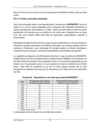 PLAN DE DESARROLLO MUNICIPAL – MONTERO 2005 - 2009




No es la única zona en la que se tiene presencia de informalidad también existe en otras
zonas.

E.8.1.3 Ferias y mercados existentes

Una de las principales ferias a nivel departamental y nacional es la EXPONORTE que se la
realiza en el mes de marzo catalogado como la segunda más importante destacando su
esencia Agropecuaria. Esta trabaja ya 13 años ofrece una feria abierta a todos los rubros
económicos y de servicios que se convierte en una vitrina para el departamento de Santa
Cruz, con una inversión sólida tanto para los expositores, organizadores, visitantes o
consumidores.

Representa la dinámica productiva de la región que se complementa con el área comercial e
industrial en amplias extensiones de exhibición sectorizada, se encuentra ubicada sobre la
carretera a Portachuelo, zona norte-oeste. El principal objetivo es difundir tecnología y
experiencias que contribuyan a aumentar sustentabilidad a las empresas participantes.

La superficie que dispone es de 25 hectáreas de terreno; surge a iniciativa de AGANORTE,
CAINCO Norte y el Centro de Mejoramiento y Genética Bovina CNMGB. Con el transcurrir de
los años la feria fue teniendo mayor expectativa tanto en el aumento de expositores que se
iniciaron con 10 expositores como en lo que respecta al numero de visitantes de la misma
forma. Para 1993 se incremento en un 12% en área cubierta mientras que en área
descubierta el crecimiento fue mayor de 37 expositores. En el 2003 se tuvo un crecimiento
del 16%,


               Cuadro 65       Expositores en los años que trabaja EXPONORTE
                        Nº expositores Área Cubierta             Nº expositores Área Descubierta
           AÑO
                        Comercial, Pecuaria, Agrícola             Comercial, Pecuaria, Agrícola
           1992                      10                                         37
           1993                      15                                         49
           1994                      19                                         67
           1995                      25                                         78
           1996                      30                                         94
           1997                      35                                        109
           1998                      49                                        149
           1999                      50                                        188
           2000                      76                                        224
           2001                      75                                        190
           2002                      80                                        210
           2003                      84                                        228
           Fuente: Exponorte 2004
A continuación se da un resumen de sus diferentes sectores:



CAEM Consultores                                      156
 