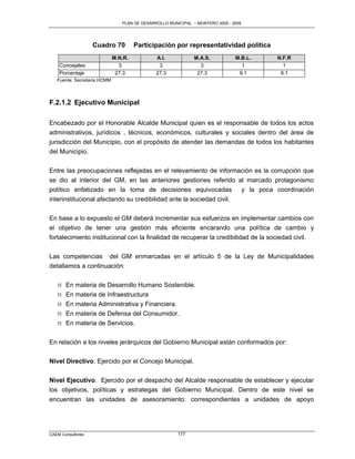PLAN DE DESARROLLO MUNICIPAL – MONTERO 2005 - 2009




                   Cuadro 70          Participación por representatividad política
                             M.N.R.           A.I.            M.A.S.           M.B.L.   N.F.R
    Concejales                 3               3                3                1        1
    Porcentaje                27.3            27.3             27.3             9.1      9.1
   Fuente: Secretaria HCMM



F.2.1.2 Ejecutivo Municipal

Encabezado por el Honorable Alcalde Municipal quien es el responsable de todos los actos
administrativos, jurídicos , técnicos, económicos, culturales y sociales dentro del área de
jurisdicción del Municipio, con el propósito de atender las demandas de todos los habitantes
del Municipio.

Entre las preocupaciones reflejadas en el relevamiento de información es la corrupción que
se dio al interior del GM, en las anteriores gestiones referido al marcado protagonismo
político enfatizado en la toma de decisiones equivocadas             y la poca coordinación
interinstitucional afectando su credibilidad ante la sociedad civil.

En base a lo expuesto el GM deberá incrementar sus esfuerzos en implementar cambios con
el objetivo de tener una gestión más eficiente encarando una política de cambio y
fortalecimiento institucional con la finalidad de recuperar la credibilidad de la sociedad civil.

Las competencias del GM enmarcadas en el artículo 5 de la Ley de Municipalidades
detallamos a continuación:

   M   En materia de Desarrollo Humano Sostenible.
   M   En materia de Infraestructura
   M   En materia Administrativa y Financiera.
   M   En materia de Defensa del Consumidor.
   M   En materia de Servicios.

En relación a los niveles jerárquicos del Gobierno Municipal están conformados por:

Nivel Directivo. Ejercido por el Concejo Municipal.

Nivel Ejecutivo. Ejercido por el despacho del Alcalde responsable de establecer y ejecutar
los objetivos, políticas y estrategas del Gobierno Municipal. Dentro de este nivel se
encuentran las unidades de asesoramiento: correspondientes a unidades de apoyo




CAEM Consultores                                       177
 