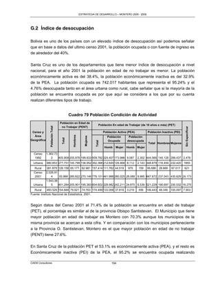 ESTRATEGIA DE DESARROLLO – MONTERO 2005 - 2009




G.2 Índice de desocupación

Bolivia es uno de los países con un elevado índice de desocupación así podemos señalar
que en base a datos del ultimo censo 2001, la población ocupada o con fuente de ingreso es
de alrededor del 40%.

Santa Cruz es uno de los departamentos que tiene menor índice de desocupación a nivel
nacional, para el año 2001 la población en edad de no trabajar es menor. La población
económicamente activa es del 38.4%, la población económicamente inactiva es del 32.9%
de la PEA. La población ocupada es 742.017 habitantes que representa el 95.24% y el
4.76% desocupada tanto en el área urbana como rural, cabe señalar que si la mayoría de la
población se encuentra ocupada es por que aquí se considera a los que por su cuenta
realizan diferentes tipos de trabajo.


                                           Cuadro 79 Población Condición de Actividad
                                  Población en Edad de
                                                                         Población En edad de Trabajar (de 10 años o más) (PET)
                Población Total




                                   no Trabajar (PENT)




                                                                                                                                       Sin Especificar
 Censo y                                                                     Población Activa (PEA)         Población Inactiva (PEI)
                                             Hombres




  Área
                                                           Mujeres




                                                                               Población      Población
                                   Total




Geográfica                                                                     Ocupada       desocupada
                                                                     Total




                                                                                                             Total Hombres Mujeres
                                                                             Homb    Mujer   Homb Mujer

  Censo      1.362.73
  1992           2    405.909 205.976 199.933 509.782 324.407 173.986 9.087                           2.302 444.565 145.128 299.437 2.476
  Urbana     980.853 277.751 140.799 136.952 352.368 212.645 129.468 8.112                            2.143 348.879 116.459 232.420 1855
   Rural     381.879 128.158 65.177 62.981 157.414 111.762 44.518                             975     159   95.686   28.669   67.017   621
  Censo      2.026.91
  2001           4    55.968 285.822 270.146 779.101 461.988 280.025 28.089 8.995 667.672 237.043 430.629 24.173
             1.543.38
  Urbana         5    401.284 205.901 195.383 604.602 328.982 242.211 24.870 8.539 521.229 190.697 330.532 16.270
   Rural     483.529 154.684 79.921 74.763 174.499 133.006 37.818                            3.219    456   146.443 46.346    100.097 7.903
Fuente: Instituto Nacional de Estadística, 2001.


Según datos del Censo 2001 el 71.4% de la población se encuentra en edad de trabajar
(PET), el porcentaje es similar al de la provincia Obispo Santistevan. El Municipio que tiene
mayor población en edad de trabajar es Montero con 70.3% aunque los municipios de la
misma provincia se acercan a esta cifra. Y en comparación con los municipios perteneciente
a la Provincia O. Santistevan, Montero es el que mayor población en edad de no trabajar
(PENT) tiene 27.6%.

En Santa Cruz de la población PET el 53.1% es económicamente activa (PEA), y el resto es
Económicamente inactiva (PEI) de la PEA, el 95.2% se encuentra ocupada realizando

CAEM Consultores                                                                  194
 