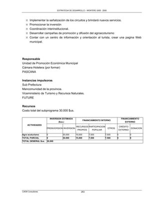 ESTRATEGIA DE DESARROLLO – MONTERO 2005 - 2009




   M   Implementar la señalización de los circuitos y brindará nuevos servicios.
   M   Promocionar la inversión
   M   Coordinación interinstitucional.
   M   Desarrollar campañas de promoción y difusión del agroecoturismo
   M   Contar con un centro de información y orientación al turista, crear una pagina Web
       municipal.




Responsable
Unidad de Promoción Económica Municipal
Cámara Hotelera (por formar)
PASCANA


Instancias impulsoras
Sub Prefectura
Mancomunidad de la provincia.
Viceministerio de Turismo y Recursos Naturales.
FUTURE

Recursos
Costo total del subprograma 30.000 $us.

                         INVERSION ESTIMADA                                                 FINANCIAMIENTO
                                                        FINANCIAMIENTO INTERNO
                               ($us.)                                                          EXTERNO
     ACTIVIDADES
                                               RECURSOS PARTICIPACION                      CREDITO
                     PREINVERSION INVERSION                                    OTROS                 DONACION
                                                PROPIOS   POPULAR                          EXTERNO

Agro ecoturismo      0             30,000      15,000        7,500        7,500        0             0
TOTAL PARCIAL        0             30,000      15,000        7,500        7,500        0             0
TOTAL GENERAL $us.   30,000




CAEM Consultores                                    263
 