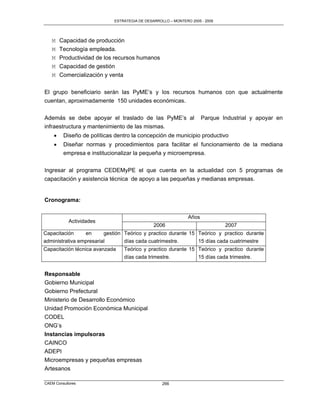 ESTRATEGIA DE DESARROLLO – MONTERO 2005 - 2009




   M    Capacidad de producción
   M    Tecnología empleada.
   M    Productividad de los recursos humanos
   M    Capacidad de gestión
   M    Comercialización y venta

El grupo beneficiario serán las PyME‟s y los recursos humanos con que actualmente
cuentan, aproximadamente 150 unidades económicas.

Además se debe apoyar el traslado de las PyME‟s al                   Parque Industrial y apoyar en
infraestructura y mantenimiento de las mismas.
        Diseño de políticas dentro la concepción de municipio productivo
        Diseñar normas y procedimientos para facilitar el funcionamiento de la mediana
         empresa e institucionalizar la pequeña y microempresa.

Ingresar al programa CEDEMyPE el que cuenta en la actualidad con 5 programas de
capacitación y asistencia técnica de apoyo a las pequeñas y medianas empresas.


Cronograma:

                                                              Años
            Actividades
                                              2006                           2007
Capacitación     en      gestión Teórico y practico durante 15 Teórico y practico durante
administrativa empresarial       días cada cuatrimestre.       15 días cada cuatrimestre
Capacitación técnica avanzada   Teórico y practico durante 15 Teórico y practico durante
                                días cada trimestre.          15 días cada trimestre.


Responsable
Gobierno Municipal
Gobierno Prefectural
Ministerio de Desarrollo Económico
Unidad Promoción Económica Municipal
CODEL
ONG‟s
Instancias impulsoras
CAINCO
ADEPI
Microempresas y pequeñas empresas
Artesanos

CAEM Consultores                                  266
 