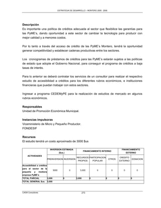 ESTRATEGIA DE DESARROLLO – MONTERO 2005 - 2009




Descripción
Es importante una política de créditos adecuada al sector que flexibilice las garantías para
las PyME‟s, dando oportunidad a este sector de cambiar la tecnología para producir con
mejor calidad y a menores costos.

Por lo tanto a través del acceso de crédito de las PyME‟s Montero, tendrá la oportunidad
generar competitividad y establecer cadenas productivas entre los sectores.

Los cronogramas de préstamos de créditos para las PyME‟s estarán sujetos a las políticas
de estado que adopte el Gobierno Nacional, para conseguir el programa de créditos a baja
tasas de interés.

Para lo anterior se deberá contratar los servicios de un consultor para realizar el respectivo
estudio de accesibilidad a créditos para los diferentes rubros económicos, e instituciones
financieras que puedan trabajar con estos sectores.

Ingresar a programa CEDEMyPE para la realización de estudios de mercado en algunos
rubros económicos.

Responsables
Unidad de Promoción Económica Municipal.

Instancias impulsoras
Viceministerio de Micro y Pequeño Productor.
FONDESIF

Recursos
El estudio tendrá un costo aproximado de 3000 $us

                             INVERSION ESTIMADA                                                         FINANCIAMIENTO
                                                                    FINANCIAMIENTO INTERNO
                                    ($us.)                                                                 EXTERNO
     ACTIVIDADES
                                                           RECURSOS PARTICIPACION                      CREDITO
                           PREINVERSION INVERSION                                          OTROS                 DONACION
                                                            PROPIOS          POPULAR                   EXTERNO

Accesibilidad a créditos
para el sector de la
                                   3000             0         3,000             0            0            0          0
pequeña   y   mediana
empresa PyME’s
TOTAL PARCIAL              3,000               0           3,000         0             0           0             0
TOTAL GENERAL $us.         3,000




CAEM Consultores                                                   273
 