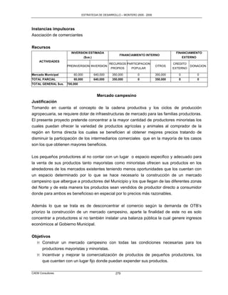 ESTRATEGIA DE DESARROLLO – MONTERO 2005 - 2009




Instancias impulsoras
Asociación de comerciantes


Recursos
                       INVERSION ESTIMADA                                                  FINANCIAMIENTO
                                                          FINANCIAMIENTO INTERNO
                                  ($us.)                                                         EXTERNO
     ACTIVIDADES
                                                     RECURSOS PARTICIPACION               CREDITO
                     PREINVERSION INVERSION                                     OTROS               DONACION
                                                      PROPIOS   POPULAR                   EXTERNO

Mercado Municipal        60,000            640,000    350,000       0           350,000      0             0
TOTAL PARCIAL            60,000            640,000    350,000       0           350,000      0             0
TOTAL GENERAL $us.   700,000


                                             Mercado campesino
Justificación
Tomando en cuenta el concepto de la cadena productiva y los ciclos de producción
agropecuaria, se requiere dotar de infraestructuras de mercado para las familias productoras.
El presente proyecto pretende concentrar a la mayor cantidad de productores minoristas los
cuales puedan ofrecer la variedad de productos agrícolas y animales al comprador de la
región en forma directa los cuales se beneficien al obtener mejores precios tratando de
disminuir la participación de los intermediarios comerciales que en la mayoría de los casos
son los que obtienen mayores beneficios.

Los pequeños productores al no contar con un lugar o espacio especifico y adecuado para
la venta de sus productos tanto mayoristas como minoristas ofrecen sus productos en los
alrededores de los mercados existentes teniendo menos oportunidades que los cuentan con
un espacio determinado por lo que se hace necesario la construcción de un mercado
campesino que albergue a productores del Municipio y los que llegan de las diferentes zonas
del Norte y de esta manera los productos sean vendidos de productor directo a consumidor
donde para ambos es beneficioso en especial por lo precios más razonables.

Además lo que se trata es de desconcentrar el comercio según la demanda de OTB‟s
priorizo la construcción de un mercado campesino, aparte la finalidad de este no es solo
concentrar a productores si no también instalar una balanza pública la cual genere ingresos
económicos al Gobierno Municipal.


Objetivos
  M Construir un mercado campesino con todas las condiciones necesarias para los
     productores mayoristas y minoristas.
   M Incentivar y mejorar la comercialización de productos de pequeños productores, los
     que cuenten con un lugar fijo donde puedan expender sus productos.

CAEM Consultores                                        279
 