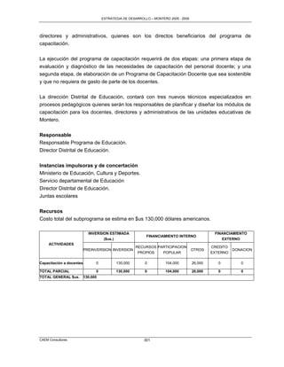 ESTRATEGIA DE DESARROLLO – MONTERO 2005 - 2009




directores y administrativos, quienes son los directos beneficiarios del programa de
capacitación.

La ejecución del programa de capacitación requerirá de dos etapas: una primera etapa de
evaluación y diagnóstico de las necesidades de capacitación del personal docente; y una
segunda etapa, de elaboración de un Programa de Capacitación Docente que sea sostenible
y que no requiera de gasto de parte de los docentes.

La dirección Distrital de Educación, contará con tres nuevos técnicos especializados en
procesos pedagógicos quienes serán los responsables de planificar y diseñar los módulos de
capacitación para los docentes, directores y administrativos de las unidades educativas de
Montero.

Responsable
Responsable Programa de Educación.
Director Distrital de Educación.


Instancias impulsoras y de concertación
Ministerio de Educación, Cultura y Deportes.
Servicio departamental de Educación
Director Distrital de Educación.
Juntas escolares

Recursos
Costo total del subprograma se estima en $us 130,000 dólares americanos.

                            INVERSION ESTIMADA                                                 FINANCIAMIENTO
                                                           FINANCIAMIENTO INTERNO
                                   ($us.)                                                         EXTERNO
     ACTIVIDADES
                                                     RECURSOS PARTICIPACION                   CREDITO
                          PREINVERSION INVERSION                                     OTROS              DONACION
                                                      PROPIOS       POPULAR                   EXTERNO

Capacitación a docentes         0          130,000        0          104,000         26,000      0         0

TOTAL PARCIAL                   0          130,000        0          104,000         26,000      0         0
TOTAL GENERAL $us.        130,000




CAEM Consultores                                          301
 