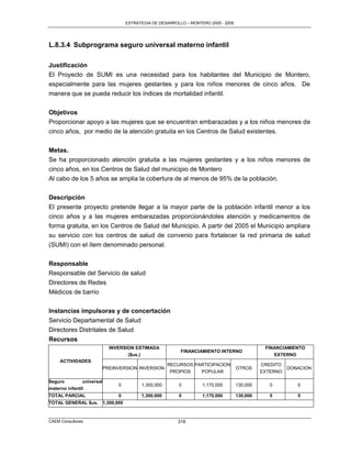 ESTRATEGIA DE DESARROLLO – MONTERO 2005 - 2009




L.8.3.4 Subprograma seguro universal materno infantil

Justificación
El Proyecto de SUMI es una necesidad para los habitantes del Municipio de Montero,
especialmente para las mujeres gestantes y para los niños menores de cinco años. De
manera que se pueda reducir los índices de mortalidad infantil.

Objetivos
Proporcionar apoyo a las mujeres que se encuentran embarazadas y a los niños menores de
cinco años, por medio de la atención gratuita en los Centros de Salud existentes.


Metas.
Se ha proporcionado atención gratuita a las mujeres gestantes y a los niños menores de
cinco años, en los Centros de Salud del municipio de Montero
Al cabo de los 5 años se amplia la cobertura de al menos de 95% de la población.

Descripción
El presente proyecto pretende llegar a la mayor parte de la población infantil menor a los
cinco años y a las mujeres embarazadas proporcionándoles atención y medicamentos de
forma gratuita, en los Centros de Salud del Municipio. A partir del 2005 el Municipio ampliara
su servicio con los centros de salud de convenio para fortalecer la red primaria de salud
(SUMI) con el ítem denominado personal.

Responsable
Responsable del Servicio de salud
Directores de Redes
Médicos de barrio

Instancias impulsoras y de concertación
Servicio Departamental de Salud
Directores Distritales de Salud
Recursos
                             INVERSION ESTIMADA                                                    FINANCIAMIENTO
                                                              FINANCIAMIENTO INTERNO
                                    ($us.)                                                            EXTERNO
     ACTIVIDADES
                                                         RECURSOS PARTICIPACION                   CREDITO
                           PREINVERSION INVERSION                                       OTROS               DONACION
                                                          PROPIOS   POPULAR                       EXTERNO

Seguro         universal
                                  0          1,300,000       0         1,170,000        130,000      0         0
materno infantil
TOTAL PARCIAL                     0          1,300,000       0         1,170,000        130,000      0         0
TOTAL GENERAL $us.         1,300,000



CAEM Consultores                                             318
 
