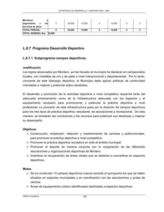 ESTRATEGIA DE DESARROLLO – MONTERO 2005 - 2009




Monitoreo              y
seguimiento      a   los            0           30,000      15,000          0            15,000   0   0
servicios de salud
TOTAL PARCIAL                       0           30,000      15,000          0            15,000   0   0
TOTAL GENERAL $us.         30,000




L.8.7 Programa Desarrollo Deportivo

L.8.7.1 Subprograma campos deportivos.

Justificación
Los logros alcanzados por Montero, ya han llevado al municipio ha destacar en campeonatos
locales, con medallas de oro y de plata a nivel interprovincial y departamental. Por lo tanto,
conciente de este liderazgo deportivo, el Municipio debe aplicar políticas de continuidad
orientadas a mejorar y potenciar estos resultados.

El desarrollo y promoción de la actividad deportiva a nivel competitivo requerirá tanto del
adecuado entrenamiento como de la infraestructura adecuada con los espacios y el
equipamiento necesario para promocionar y potenciar la práctica deportiva a nivel
profesional. La provisión de esta infraestructura pasa por la dotación de campos deportivos
para los tres tipos de práctica deportiva: estudiantil, de asociaciones y recreacional. De esta
manera, se brindarán las condiciones y los recursos para potenciar sus destrezas y mejorar
su desempeño.


Objetivos
  M Construcción, ampliación, refacción y mantenimiento de canchas y polifuncionales,
     para promover la práctica deportiva a nivel competitivo.
  M Promover la práctica deportiva recreativa en todo el ámbito municipal.
  M Promover el deporte de manera conjunta con la cooperación de las diferentes
     asociaciones y organizaciones deportivas de Montero.
  M Incentivar la recuperación de áreas verdes que se destinen a convertirse en espacios
     deportivos.


Metas.
  M Se ha construido 13 campos deportivos nuevos durante el quinquenio los que se hallan
     situados en espacios municipales y en coordinación con las asociaciones y juntas de
     vecinos.
  M Áreas de equipamiento urbano identificadas destinadas a espacios deportivos


CAEM Consultores                                              326
 
