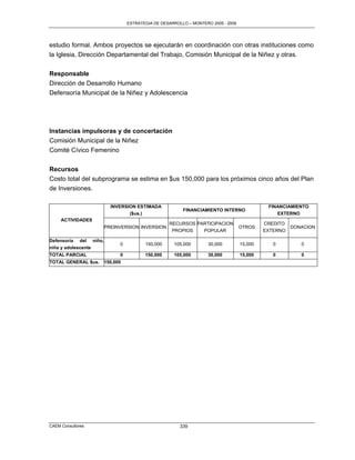 ESTRATEGIA DE DESARROLLO – MONTERO 2005 - 2009




estudio formal. Ambos proyectos se ejecutarán en coordinación con otras instituciones como
la Iglesia, Dirección Departamental del Trabajo, Comisión Municipal de la Niñez y otras.


Responsable
Dirección de Desarrollo Humano
Defensoría Municipal de la Niñez y Adolescencia




Instancias impulsoras y de concertación
Comisión Municipal de la Niñez
Comité Cívico Femenino

Recursos
Costo total del subprograma se estima en $us 150,000 para los próximos cinco años del Plan
de Inversiones.

                         INVERSION ESTIMADA                                                 FINANCIAMIENTO
                                                        FINANCIAMIENTO INTERNO
                                ($us.)                                                         EXTERNO
     ACTIVIDADES
                                                  RECURSOS PARTICIPACION                   CREDITO
                       PREINVERSION INVERSION                                     OTROS              DONACION
                                                   PROPIOS   POPULAR                       EXTERNO

Defensoría del niño,
                             0          150,000     105,000        30,000         15,000      0         0
niña y adolescente
TOTAL PARCIAL                0          150,000     105,000        30,000         15,000      0         0
TOTAL GENERAL $us.     150,000




CAEM Consultores                                       339
 
