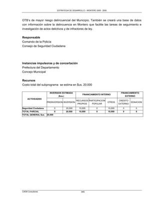 ESTRATEGIA DE DESARROLLO – MONTERO 2005 - 2009




OTB‟s de mayor riesgo delincuencial del Municipio. También se creará una base de datos
con información sobre la delincuencia en Montero que facilite las tareas de seguimiento e
investigación de actos delictivos y de infractores de ley.


Responsable
Comando de la Policía
Consejo de Seguridad Ciudadana




Instancias impulsoras y de concertación
Prefectura del Departamento
Concejo Municipal


Recursos
Costo total del subprograma se estima en $us. 20,000

                        INVERSION ESTIMADA                                                    FINANCIAMIENTO
                                                          FINANCIAMIENTO INTERNO
                               ($us.)                                                            EXTERNO
     ACTIVIDADES
                                                    RECURSOS PARTICIPACION                   CREDITO
                      PREINVERSION INVERSION                                        OTROS              DONACION
                                                     PROPIOS   POPULAR                       EXTERNO

Seguridad Ciudadana            0           20,000      10,000          0            10,000      0         0
TOTAL PARCIAL                  0           20,000      10,000          0            10,000      0         0
TOTAL GENERAL $us.    20,000




CAEM Consultores                                         345
 