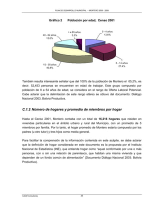 PLAN DE DESARROLLO MUNICIPAL – MONTERO 2005 - 2009




                        Gráfico 2       Población por edad, Censo 2001


                                         > a 65 años                    0 - 4 años
                   40 - 64 años              3.3%                         13.6%
                      15.0%




                                                                                     5 - 14 años
                   15 - 39 años
                                                                                        27.4%
                      40.8%




También resulta interesante señalar que del 100% de la población de Montero el 65,2%, es
decir, 52,453 personas se encuentran en edad de trabajar. Este grupo compuesto por
población de 9 a 54 años de edad, se considera en el rango de Oferta Laboral Potencial.
Cabe aclarar que la delimitación de este rango etáreo se obtuvo del documento: Diálogo
Nacional 2003, Bolivia Productiva.


C.1.2 Número de hogares y promedio de miembros por hogar

Hasta el Censo 2001, Montero contaba con un total de 16,216 hogares que residen en
viviendas particulares en el ámbito urbano y rural del Municipio, con un promedio de 5
miembros por familia. Por lo tanto, el hogar promedio de Montero estaría compuesto por los
padres (u otro tutor) y tres hijos como media general.


Para facilitar la comprensión de la información contenida en este acápite, se debe aclarar
que la definición de hogar considerada en este documento es la propuesta por el Instituto
Nacional de Estadística (INE), que entiende hogar como “aquel conformado por una o más
personas, con o sin una relación de parentesco, que habitan una misma vivienda y que
dependen de un fondo común de alimentación” (Documento Diálogo Nacional 2003: Bolivia
Productiva).




CAEM Consultores                                       35
 