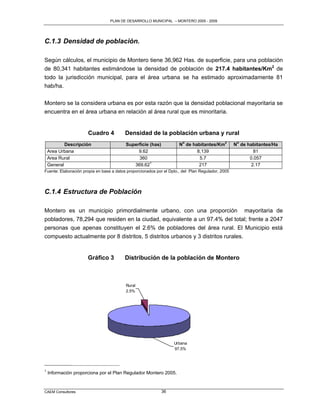 PLAN DE DESARROLLO MUNICIPAL – MONTERO 2005 - 2009




C.1.3 Densidad de población.

Según cálculos, el municipio de Montero tiene 36,962 Has. de superficie, para una población
de 80,341 habitantes estimándose la densidad de población de 217.4 habitantes/Km2 de
todo la jurisdicción municipal, para el área urbana se ha estimado aproximadamente 81
hab/ha.

Montero se la considera urbana es por esta razón que la densidad poblacional mayoritaria se
encuentra en el área urbana en relación al área rural que es minoritaria.


                      Cuadro 4           Densidad de la población urbana y rural
            Descripción                   Superficie (has)            No de habitantes/Km2         No de habitantes/Ha
    Area Urbana                                9.62                           8,139                         81
    Area Rural                                 360                             5.7                        0.057
    General                                  369.621                           217                         2.17
Fuente: Elaboración propia en base a datos proporcionados por el Dpto., del Plan Regulador, 2005




C.1.4 Estructura de Población

Montero es un municipio primordialmente urbano, con una proporción mayoritaria de
pobladores, 78,294 que residen en la ciudad, equivalente a un 97.4% del total; frente a 2047
personas que apenas constituyen el 2.6% de pobladores del área rural. El Municipio está
compuesto actualmente por 8 distritos, 5 distritos urbanos y 3 distritos rurales.


                      Gráfico 3          Distribución de la población de Montero



                                          Rural
                                          2.5%




                                                                   Urbana
                                                                   97.5%




1
    Información proporciona por el Plan Regulador Montero 2005.



CAEM Consultores                                             36
 