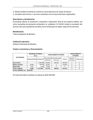 ESTRATEGIA DE DESARROLLO – MONTERO 2005 - 2009




3. Estudio tarifarlo tomando en cuenta la nueva estructura de recojo de basura
4. concesión del servicio a las micro empresas con la nueva estructura organizativa


Descripción y beneficiarios
El proyecto abarca la recolección, transporte y disposición final de los residuos sólidos, así
como campañas de educación ambiental a la población. El G.M.M. licitará la concesión del
servicio para que operadores privados (micro empresas) se hagan cargo de los servicios.

Beneficiarios:
Toda la población de Montero.



Institución ejecutora
Gobierno Municipal de Montero.


Costos, inversiones y financiamiento

                      INVERSION ESTIMADA                                                    FINANCIAMIENTO
                                                         FINANCIAMIENTO INTERNO
                             ($us.)                                                            EXTERNO
     ACTIVIDADES
                                                    RECURSOS PARTICIPACION                 CREDITO
                    PREINVERSION INVERSION                                       OTROS               DONACION
                                                     PROPIOS   POPULAR                     EXTERNO

Aseo Urbano                             2,000,000    800,000     500,000         700,000      0         0
Relleno sanitario       35,000            200,000     58,750        0            176,250      0         0
Supervisión              0.00              15,000     15,000        0              0          0         0
TOTAL PARCIAL           35,000        2,215,000      873,750     500,000         876,250      0         0
TOTAL GENERAL $us. 2,250,000


El costo del entierro sanitario se calcula en $US 200.000.




CAEM Consultores                                       362
 