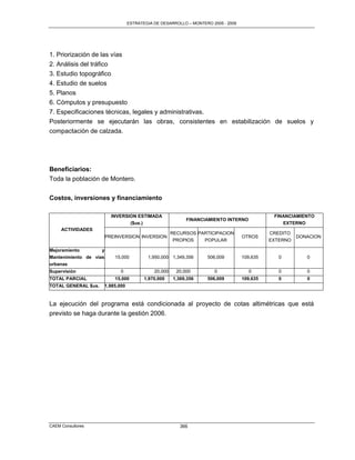 ESTRATEGIA DE DESARROLLO – MONTERO 2005 - 2009




1. Priorización de las vías
2. Análisis del tráfico
3. Estudio topográfico
4. Estudio de suelos
5. Planos
6. Cómputos y presupuesto
7. Especificaciones técnicas, legales y administrativas.
Posteriormente se ejecutarán las obras, consistentes en estabilización de suelos y
compactación de calzada.




Beneficiarios:
Toda la población de Montero.

Costos, inversiones y financiamiento

                          INVERSION ESTIMADA                                                    FINANCIAMIENTO
                                                              FINANCIAMIENTO INTERNO
                                 ($us.)                                                            EXTERNO
     ACTIVIDADES
                                                        RECURSOS PARTICIPACION                 CREDITO
                        PREINVERSION INVERSION                                       OTROS               DONACION
                                                         PROPIOS   POPULAR                     EXTERNO

Mejoramiento        y
Mantenimiento de vías       15,000          1,950,000 1,349,356      506,009         109,635      0         0
urbanas
Supervisión                    0               20,000     20,000        0              0          0         0
TOTAL PARCIAL               15,000         1,970,000    1,369,356    506,009         109,635      0         0
TOTAL GENERAL $us.      1,985,000


La ejecución del programa está condicionada al proyecto de cotas altimétricas que está
previsto se haga durante la gestión 2006.




CAEM Consultores                                           366
 