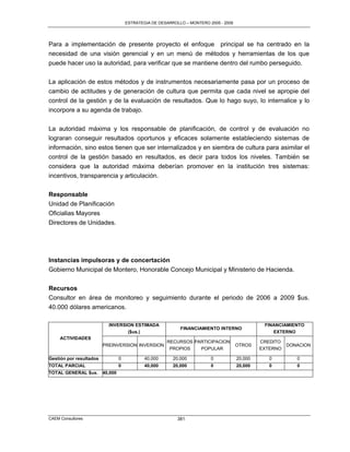 ESTRATEGIA DE DESARROLLO – MONTERO 2005 - 2009




Para a implementación de presente proyecto el enfoque principal se ha centrado en la
necesidad de una visión gerencial y en un menú de métodos y herramientas de los que
puede hacer uso la autoridad, para verificar que se mantiene dentro del rumbo perseguido.

La aplicación de estos métodos y de instrumentos necesariamente pasa por un proceso de
cambio de actitudes y de generación de cultura que permita que cada nivel se apropie del
control de la gestión y de la evaluación de resultados. Que lo hago suyo, lo internalice y lo
incorpore a su agenda de trabajo.

La autoridad máxima y los responsable de planificación, de control y de evaluación no
lograran conseguir resultados oportunos y eficaces solamente estableciendo sistemas de
información, sino estos tienen que ser internalizados y en siembra de cultura para asimilar el
control de la gestión basado en resultados, es decir para todos los niveles. También se
considera que la autoridad máxima deberían promover en la institución tres sistemas:
incentivos, transparencia y articulación.

Responsable
Unidad de Planificación
Oficialias Mayores
Directores de Unidades.




Instancias impulsoras y de concertación
Gobierno Municipal de Montero, Honorable Concejo Municipal y Ministerio de Hacienda.


Recursos
Consultor en área de monitoreo y seguimiento durante el periodo de 2006 a 2009 $us.
40.000 dólares americanos.

                           INVERSION ESTIMADA                                                    FINANCIAMIENTO
                                                             FINANCIAMIENTO INTERNO
                                  ($us.)                                                            EXTERNO
     ACTIVIDADES
                                                       RECURSOS PARTICIPACION                   CREDITO
                         PREINVERSION INVERSION                                        OTROS              DONACION
                                                        PROPIOS   POPULAR                       EXTERNO

Gestión por resultados            0           40,000      20,000          0            20,000      0         0
TOTAL PARCIAL                     0           40,000      20,000          0            20,000      0         0
TOTAL GENERAL $us.       40,000




CAEM Consultores                                            381
 