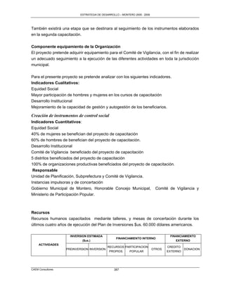 ESTRATEGIA DE DESARROLLO – MONTERO 2005 - 2009




También existirá una etapa que se destinara al seguimiento de los instrumentos elaborados
en la segunda capacitación.


Componente equipamiento de la Organización
El proyecto pretende adquirir equipamiento para el Comité de Vigilancia, con el fin de realizar
un adecuado seguimiento a la ejecución de las diferentes actividades en toda la jurisdicción
municipal.

Para el presente proyecto se pretende analizar con los siguientes indicadores.
Indicadores Cualitativos:
Equidad Social
Mayor participación de hombres y mujeres en los cursos de capacitación
Desarrollo Institucional
Mejoramiento de la capacidad de gestión y autogestión de los beneficiarios.

Creación de instrumentos de control social
Indicadores Cuantitativos:
Equidad Social
40% de mujeres se benefician del proyecto de capacitación
60% de hombres de benefician del proyecto de capacitación.
Desarrollo Institucional
Comité de Vigilancia beneficiado del proyecto de capacitación
5 distritos beneficiados del proyecto de capacitación
100% de organizaciones productivas beneficiados del proyecto de capacitación.
 Responsable
Unidad de Planificación, Subprefectura y Comité de Vigilancia.
Instancias impulsoras y de concertación
Gobierno Municipal de Montero, Honorable Concejo Municipal,                  Comité de Vigilancia y
Ministerio de Participación Popular.



Recursos
Recursos humanos capacitados mediante talleres, y mesas de concertación durante los
últimos cuatro años de ejecución del Plan de Inversiones $us. 60.000 dólares americanos.

                      INVERSION ESTIMADA                                             FINANCIAMIENTO
                                                  FINANCIAMIENTO INTERNO
                             ($us.)                                                     EXTERNO
     ACTIVIDADES
                                            RECURSOS PARTICIPACION                  CREDITO
                   PREINVERSION INVERSION                                   OTROS             DONACION
                                             PROPIOS   POPULAR                      EXTERNO




CAEM Consultores                                 387
 