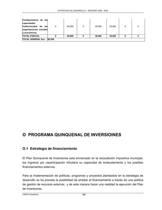 ESTRATEGIA DE DESARROLLO – MONTERO 2005 - 2009




Fortalecimiento de las
capacidades
institucionales de las             0           60,000        0           30,000         30,000   0   0
organizaciones sociales
y económicas.
TOTAL PARCIAL                      0           60,000        0           30,000         30,000   0   0
TOTAL GENERAL $us.        60,000




O PROGRAMA QUINQUENAL DE INVERSIOINES


O.1 Estrategia de financiamiento

El Plan Quinquenal de Inversiones esta enmarcado en la recaudación impositiva municipal,
los ingresos por coparticipación tributaria su capacidad de endeudamiento y los posibles
financiamientos externos.

Para la implementación de políticas, programas y proyectos planteados en la estrategia de
desarrollo se ha previsto la posibilidad de ampliar el financiamiento a través de una política
de gestión de recursos externos y de esta manera hacer una realidad la ejecución del Plan
de Inversiones.
CAEM Consultores                                             388
 