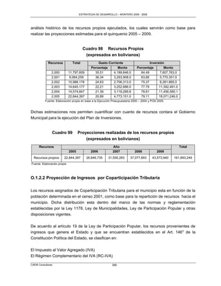 ESTRATEGIA DE DESARROLLO – MONTERO 2005 - 2009




análisis histórico de los recursos propios ejecutados, los cuales servirán como base para
realizar las proyecciones estimadas para el quinquenio 2005 – 2009.


                                       Cuadro 98 Recursos Propios
                                        (expresados en bolivianos)
            Recursos           Total            Gasto Corriente                      Inversión
                                            Porcentaje      Monto            Porcentaje        Monto
               2,000         11,797,609       35.51      4,189,846.0           64.49        7,607,763.0
               2,001          9,064,259       36.34      3,293,908.0           63.66        5,770,351.0
               2,002         10,988,178       24.63      2,706,313.0           75.37        8,281,865.0
               2,003         14,645,177       22.21      3,252,686.0           77.79       11,392,491.0
               2,004         14,574,847       21.39      3,118,266.8           78.61       11,456,580.1
               2,005         22,844,397       20.89      4,773,151.0           79.11       18,071,246.0
          Fuente: Elaboración propia en base a la Ejecución Presupuestaria 2000 – 2004 y POA 2005.


Dichas estimaciones nos permiten cuantificar con cuanto de recursos contara el Gobierno
Municipal para la ejecución del Plan de Inversiones.


               Cuadro 99            Proyecciones realizadas de los recursos propios
                                        (expresados en bolivianos)
      Recursos                                              Año                                           Total
                             2005           2006            2007            2008            2009
  Recursos propios      22,844,397        26,846,735    31,550,283      37,077,893       43,573,940   161,893,249
Fuente: Elaboración propia



O.1.2.2 Proyección de Ingresos por Coparticipación Tributaria

Los recursos asignados de Coparticipación Tributaria para el municipio esta en función de la
población determinada en el censo 2001, como base para la repartición de recursos hacia el
municipio. Dicha distribución esta dentro del marco de las normas y reglamentación
establecidas por la Ley 1178, Ley de Municipalidades, Ley de Participación Popular y otras
disposiciones vigentes.

De acuerdo al artículo 19 de la Ley de Participación Popular, los recursos provenientes de
ingresos que genera el Estado y que se encuentran establecidos en el Art. 146 o de la
Constitución Política del Estado, se clasifican en:

El Impuesto al Valor Agregado (IVA)
El Régimen Complementario del IVA (RC-IVA)

CAEM Consultores                                           390
 