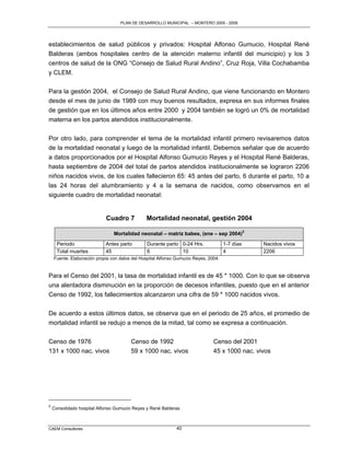 PLAN DE DESARROLLO MUNICIPAL – MONTERO 2005 - 2009




establecimientos de salud públicos y privados: Hospital Alfonso Gumucio, Hospital René
Balderas (ambos hospitales centro de la atención materno infantil del municipio) y los 3
centros de salud de la ONG “Consejo de Salud Rural Andino”, Cruz Roja, Villa Cochabamba
y CLEM.

Para la gestión 2004, el Consejo de Salud Rural Andino, que viene funcionando en Montero
desde el mes de junio de 1989 con muy buenos resultados, expresa en sus informes finales
de gestión que en los últimos años entre 2000 y 2004 también se logró un 0% de mortalidad
materna en los partos atendidos institucionalmente.

Por otro lado, para comprender el tema de la mortalidad infantil primero revisaremos datos
de la mortalidad neonatal y luego de la mortalidad infantil. Debemos señalar que de acuerdo
a datos proporcionados por el Hospital Alfonso Gumucio Reyes y el Hospital René Balderas,
hasta septiembre de 2004 del total de partos atendidos institucionalmente se lograron 2206
niños nacidos vivos, de los cuales fallecieron 65: 45 antes del parto, 6 durante el parto, 10 a
las 24 horas del alumbramiento y 4 a la semana de nacidos, como observamos en el
siguiente cuadro de mortalidad neonatal:


                            Cuadro 7           Mortalidad neonatal, gestión 2004

                                Mortalidad neonatal – matriz babes, (ene – sep 2004)2

      Periodo               Antes parto        Durante parto 0-24 Hrs.               1-7 días   Nacidos vivos
      Total muertes         45                 6             10                      4          2206
    Fuente: Elaboración propia con datos del Hospital Alfonso Gumucio Reyes, 2004.


Para el Censo del 2001, la tasa de mortalidad infantil es de 45 * 1000. Con lo que se observa
una alentadora disminución en la proporción de decesos infantiles, puesto que en el anterior
Censo de 1992, los fallecimientos alcanzaron una cifra de 59 * 1000 nacidos vivos.

De acuerdo a estos últimos datos, se observa que en el periodo de 25 años, el promedio de
mortalidad infantil se redujo a menos de la mitad, tal como se expresa a continuación.

Censo de 1976                           Censo de 1992                          Censo del 2001
131 x 1000 nac. vivos                   59 x 1000 nac. vivos                   45 x 1000 nac. vivos




2
    Consolidado hospital Alfonso Gumucio Reyes y René Balderas



CAEM Consultores                                             40
 