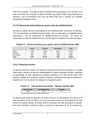 PLAN DE DESARROLLO MUNICIPAL – MONTERO 2005 - 2009




OTB‟s del municipio, 17 de ellas no tienen establecimientos educativos y de 2 de ellas no se
sabe si lo tienen. Sin embargo, se debe puntualizar que existen OTB‟s cuya jurisdicción es
pequeña y que al encontrarse muy cerca de otras OTB‟s que sí cuentan con unidades
educativas se trasladan a ellas.


C.4.2.6 Número de matriculados por grado y tipo de establecimiento

Del total de 30024 alumnos matriculados en los establecimientos educativos de Montero,
71% se matricularon en establecimientos fiscales, 14% se matricularon en establecimientos
particulares y 15% se matricularon en establecimientos de convenio. El número de
matriculados por tipo de establecimiento y nivel de estudio se detalla en el cuadro que sigue:


      Cuadro 10          Número de alumnos por grado y tipo de establecimiento, 2004

                               Inicial               Primaria              Secundaria                 Total
Fiscal                         1,069                  15,551                  4,632                  21,252
Particular                      438                    2,297                  1,504                   4,239
De convenio                     828                    2,317                  1,388                   4,533
Total                          2,335                  20,165                  7,524                  30,024
Fuente: Elaboración propia con datos de la Dirección Distrital de Educación y del Dpto. de Desarrollo Humano, 2004.



C.4.2.7 Deserción escolar

La tasa de deserción escolar nos muestra la proporción de alumnos inscritos en un grado
determinado, quienes por razones independientes al sistema educativo deciden suspender
su aprendizaje, es decir, abandonan el sistema educativo en un año escolar dado. Para
realizar el análisis de la deserción escolar en Montero, revisaremos las tasas de deserción o
abandono por nivel de estudio como figura en el siguiente cuadro:


              Cuadro 11          Tasa de deserción escolar – Montero, Gestión 2001.
                   Nivel Primario             Nivel Secundario                    Promedio
                       4,3%                         9,7%                             7%
               Fuente: elaboración propia con datos del INE, 2001.


Se observa que la tasa de deserción es mucho menor en el nivel primario. En cambio en el
nivel secundario la cifra se duplica, por lo que se puede concluir que la culminación del nivel
primario de estudio escolar se prioriza ante la conclusión del nivel secundario de estudio.
Este hecho también lo confirma el INE, en la tasa de culminación de 8 vo de primaria que,



CAEM Consultores                                              53
 