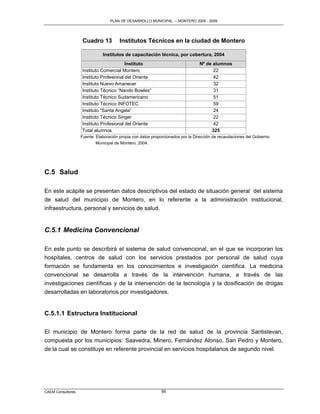 PLAN DE DESARROLLO MUNICIPAL – MONTERO 2005 - 2009




                    Cuadro 13          Institutos Técnicos en la ciudad de Montero

                              Institutos de capacitación técnica, por cobertura, 2004
                                         Instituto                              Nº de alumnos
                   Instituto Comercial Montero                                        22
                   Instituto Profesional del Oriente                                  42
                   Instituto Nuevo Amanecer                                           32
                   Instituto Técnico “Nando Bowles”                                   31
                   Instituto Técnico Sudamericano                                     51
                   Instituto Técnico INFOTEC                                          59
                   Instituto “Santa Angela”                                           24
                   Instituto Técnico Singer                                           22
                   Instituto Profesional del Oriente                                  42
                   Total alumnos                                                     325
                   Fuente: Elaboración propia con datos proporcionados por la Dirección de recaudaciones del Gobierno
                          Municipal de Montero, 2004.




C.5 Salud

En este acápite se presentan datos descriptivos del estado de situación general del sistema
de salud del municipio de Montero, en lo referente a la administración institucional,
infraestructura, personal y servicios de salud.


C.5.1 Medicina Convencional

En este punto se describirá el sistema de salud convencional, en el que se incorporan los
hospitales, centros de salud con los servicios prestados por personal de salud cuya
formación se fundamenta en los conocimientos e investigación científica. La medicina
convencional se desarrolla a través de la intervención humana, a través de las
investigaciones científicas y de la intervención de la tecnología y la dosificación de drogas
desarrolladas en laboratorios por investigadores.


C.5.1.1 Estructura Institucional

El municipio de Montero forma parte de la red de salud de la provincia Santistevan,
compuesta por los municipios: Saavedra, Minero, Fernández Alonso, San Pedro y Montero,
de la cual se constituye en referente provincial en servicios hospitalarios de segundo nivel.




CAEM Consultores                                            56
 