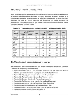 PLAN DE DESARROLLO MUNICIPAL – MONTERO 2005 - 2009




C.8.2.4 Parque automotor privado y público

Hasta diciembre del 2004, los datos proporcionados por la Dirección de Recaudaciones de la
Alcaldía de Montero indican la existencia de 11,902 vehículos públicos y privados en el
municipio. Paralelamente, el Departamento de Tráfico y Transporte de la Alcaldía de Montero
contabilizó un total de 10,515 vehículos que constituyen el parque automotor de
reemplacados y no reemplacados, los que además cuentan con radicatoria definida. Detalle
que se resume en el siguiente cuadro:

    Cuadro 39          Parque Automotor de Reemplacados y No Reemplacados, 2004.
                            No reemplacados                               Reemplacados
      Tipo de
                           Servicio                                    Servicio                          TOTAL
      Vehículo                                      Total                                        Total
                     Privado     Público                         Privado     Público
    Automóvil          312          4                316          1302          851              2153    2469
    Camión             269          7                276           636         1151              1787    2063
    Camioneta          138                           138          1196          103              1299    1437
    Furgón                                                           1                             1       1
    Jeep                52                           52            557          10                567     619
    Microbús                                                        16          373               389     389
    Minibús                                                         36          58                94      94
    Moto               271                           271           245          19                264     535
    Ómnibus             30             1             31              7          87                94      125
    Tracto-                                                         19          18                37      37
    Camión
    Vagoneta            48                           48            1185           1513           2698     2746
    TOTAL              1120            12           1132           5200           4183           9383    10515
  Fuente: Elaboración propia con datos del Departamento de Tráfico y Transporte de la Alcaldía, 2004.




C.8.3 Terminales de transporte (pasajeros y carga)

Por lo señalado por la Unidad Operativa de Tránsito de Montero existen las siguientes
Terminales de transporte público en Montero
  M Terminal de Flotas: en Av. Circunvalación, Zona Sud Este a la altura del Mercado
      Popular, que realiza transporte de pasajeros a nivel interdepartamenal.
  M Terminal de Flotas (nueva infraestructura): en Av Circunvalación.
  M Terminal de Transporte Independencia: Calle Warnes y Junín.
  M Terminal del Expreso Ejecutivo: C. Warnes, Esq. Ayacucho
  M Terminal de Trufi Montero Santa Cruz: C. Warnes Esq. 21 de mayo
  M Terminal de Micros línea 132 C. Warnes Esq. Mscal. Santa Cruz.
  M Terminal de Micros 21 de Mayo, C. Warnes esq. Pastor Díaz
  M Terminal de Trufis Expreso Norte, C. Juan XXIII Esq. Mscal. Santa Cruz
  M Terminal de micros Villa Cochabamba (Calle No 1)


CAEM Consultores                                            94
 