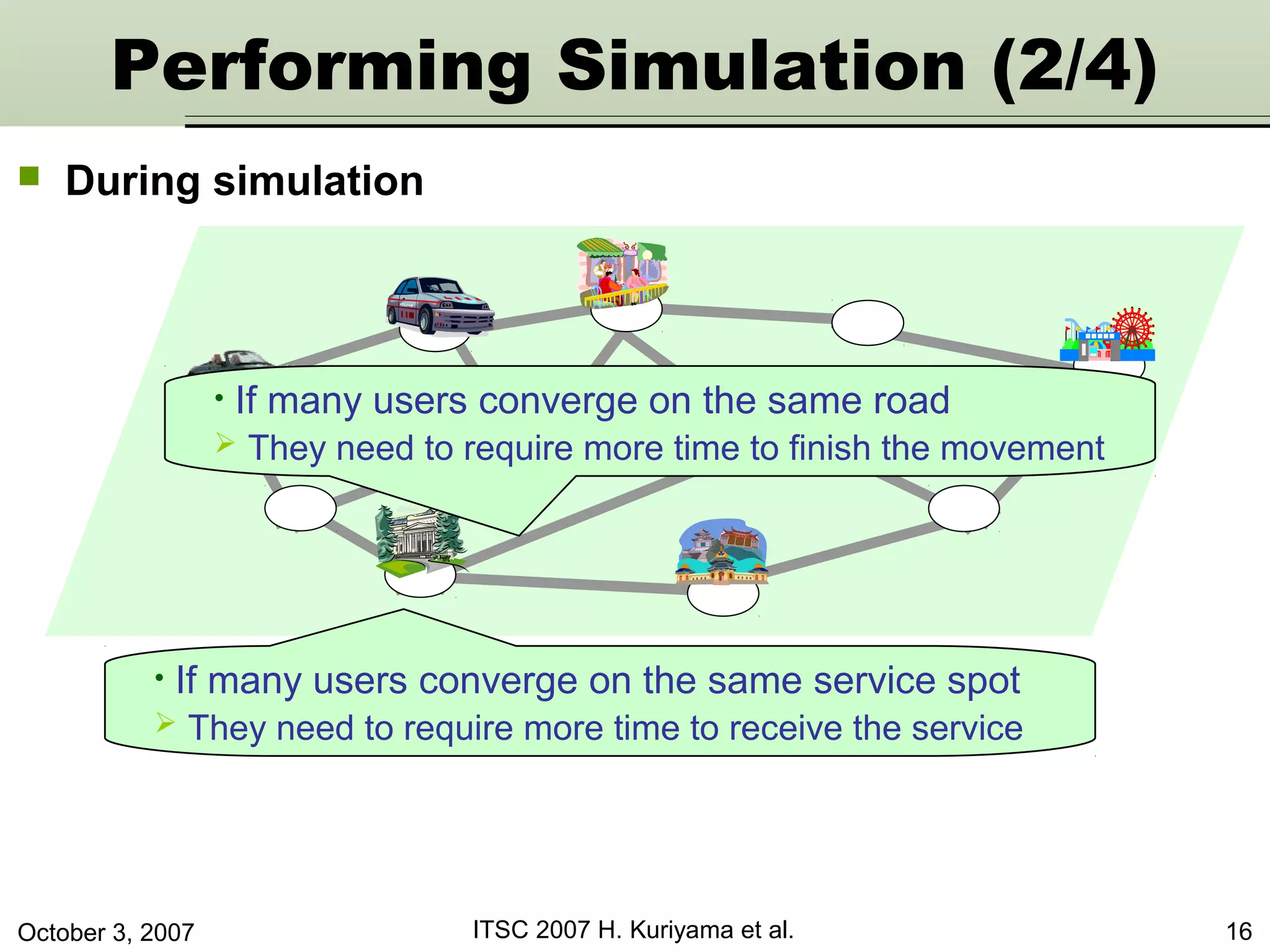 October 3, 2007 ITSC 2007 H. Kuriyama et al. 16
 During simulation
Performing Simulation (2/4)
• If many users converge on the same service spot
 They need to require more time to receive the service
• If many users converge on the same road
 They need to require more time to finish the movement
 