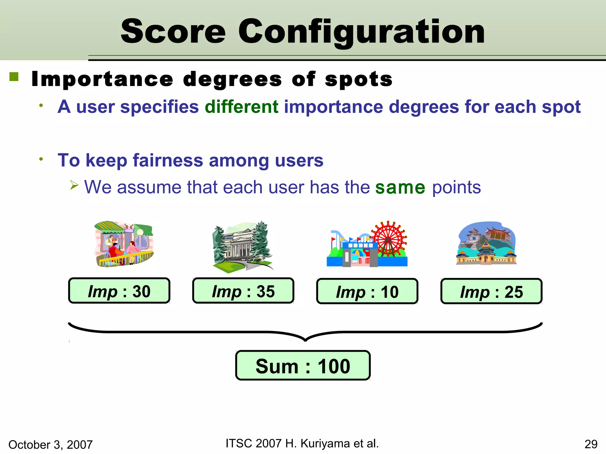 October 3, 2007 ITSC 2007 H. Kuriyama et al. 29
Sum : 100
 Importance degrees of spots
• A user specifies different importance degrees for each spot
• To keep fairness among users
 We assume that each user has the same points
Imp : 30 Imp : 35 Imp : 10 Imp : 25
Score Configuration
 