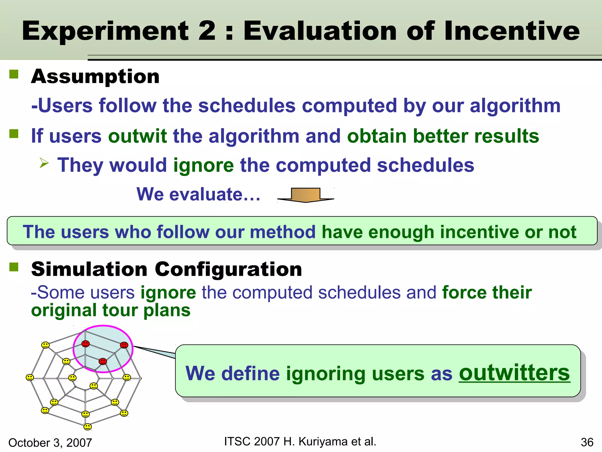 October 3, 2007 ITSC 2007 H. Kuriyama et al. 36
 Assumption
-Users follow the schedules computed by our algorithm
The users who follow our method have enough incentive or notThe users who follow our method have enough incentive or not
Experiment 2 : Evaluation of Incentive
 Simulation Configuration
-Some users ignore the computed schedules and force their
original tour plans
We define ignoring users as outwittersWe define ignoring users as outwitters
We evaluate…
 If users outwit the algorithm and obtain better results
 They would ignore the computed schedules
 