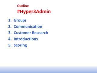 Outline
#Hyper3Admin
1. Groups
2. Communication
3. Customer Research
4. Introductions
5. Scoring
 