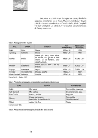 12
Los patos se clasiﬁcan en dos tipos: de carne, donde las
razas más importantes son el Pekín, Muscovy, Aylesbury y Rouen;
y los de postura donde destacan el Corredor Indio, Khaki Campbell
y el Buff Orpington. Las Tablas 3, 4 y 5 resumen las características
de éstas y otras razas.
Tabla 3. Razas y variedades de patos
RAZA ORIGEN VARIEDAD
PESO
PROMEDIO (KG)
PESO HUEVOS
(KG/DOCENA)
Pekín China Blanca 3,63 a 4,08 1,134
Aylesbury Inglaterra Blanca 3,63 a 4,08 1,134
Ruanos Francia
Blanca gris, cola y cuello verde,
en machos, azul gris en la parte
inferior. En las hembras, color
castaño veteado.
3,63 a 4,08 1,134 a 1,275
Muscovy Sudamérica
Blanca, con azul atrás. Cara rojo
brillante.
3,18 a 4,54 1,360 a 1,474
Cayuga Nueva York Negra 3,18 a 3,63 0,992 a 1,134
Corredor América Central Blanco y castaño 1,82 a 2.04 0,907
Khaki Campbell Inglaterra Castaña 1,82 a 2,04 0,878
Fuente: Bundy y Diggins, 1991.
Tabla 4. Principales ventajas y desventajas de las razas de patos más comunes
RAZAS VENTAJAS INCONVENIENTES
Pekín Muy precoz Poco prolífica, muy grasa
Kaki Campbell Muy prolífica Crecimiento lento, grasa
Pato Común Precoz y prolífica Muy grasa
Muscovy
Precoz, carne magra
Buen índice de transformación
Poco prolífica
Dimorfismo sexual
Mulard Aptitud Foie Gras Rústico
Fuente: Buxadé 1995.
Tabla 5. Principales características productivas de dos razas de carne
 