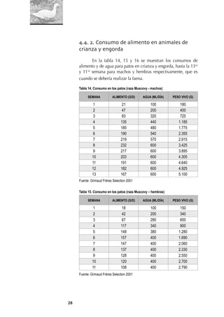 28
4.4. 2. Consumo de alimento en animales de
crianza y engorda
En la tabla 14, 15 y 16 se muestran los consumos de
alimento y de agua para patos en crianza y engorda, hasta la 13va
y 11va
semana para machos y hembras respectivamente, que es
cuando se debería realizar la faena.
Tabla 14. Consumo en los patos (raza Muscovy - machos)
SEMANA ALIMENTO (G/D) AGUA (ML/DÍA) PESO VIVO (G)
1 21 100 180
2 47 200 400
3 83 320 725
4 135 440 1.185
5 185 480 1.775
6 190 540 2.355
7 219 570 2.915
8 232 600 3.425
9 217 600 3.895
10 203 600 4.305
11 191 600 4.640
12 182 600 4.925
13 167 600 5.100
Fuente: Grimaud Frères Selection 2001
Tabla 15. Consumo en los patos (raza Muscovy – hembras)
SEMANA ALIMENTO (G/D) AGUA (ML/DÍA) PESO VIVO (G)
1 18 100 150
2 42 200 340
3 67 280 600
4 117 340 900
5 148 380 1.280
6 157 400 1.690
7 147 400 2.060
8 137 400 2.330
9 128 400 2.550
10 120 400 2.700
11 108 400 2.790
Fuente: Grimaud Frères Selection 2001
 