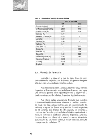 42
Tabla 26. Concentración nutritiva de dieta de postura
DIETA DE POSTURA
MIN MIN
Granulación (mm) 3.5 4.0
E. Metabolizable (Kcal/kg) 2800 2900
Proteína cruda (%) 16.50 18.00
Metionina (%) 0.40 -
Metionina + Cistina (%) 0.70 -
Lisina (%) 0.80 -
Treonina (%) 0.60 -
Triptófano (%) 0.17 -
Fibra cruda (%) - 6.00
Grasas (%) - 5.00
Minerales (%) - 11.00
Calcio (%) 3.00 3.20
Fósforo disponible (%) 0.30 0.40
Vitaminas: A (UI/kg) 15000 -
D (UI/kg) 4000 -
E (UI/kg) 20 -
6.4. Manejo de la muda
La muda es la etapa en la cual los patos dejan de poner
(mayores detalles en producción de plumas). Ello permite recuperar
a las aves para un período adicional de postura.
Para el caso de los patos Muscovy, al cumplir las 22 semanas
de postura se deben someter a un período de descanso, para lograr
una adecuada postura en el siguiente período. El objetivo de la
muda es detener o reducir la tasa de postura signiﬁcativamente.
Para ello se realiza un programa de muda, que considera
la disminución del suministro de alimento, el cambio a una dieta
de muda (de baja calidad nutricional), el oscurecimiento del
recinto y la separación de machos y hembras durante un período
de 13 semanas. Los detalles de este programa se presentan a
continuación. Tres días previos al día señalado como inicio de la
muda, se comienza el cambio de una dieta de postura a una dieta
de muda. Junto con ello se inicia una reducción de alimento tal
que al cuarto día las aves no comen, e inician un día de ayuno, tal
como se muestra en la tabla 27.
 