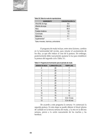 44
Tabla 30. Dieta de muda de reproductores
INGREDIENTE CONCENTRACIÓN (%)
Afrechillo de trigo 9.0
Afrecho de soya 20.0
Maíz 66.5
Fosfato tricálcico 1.8
Conchuela 1.5
Metionina 0.1
Suplementos* 1.1
*Sales minerales, vitaminas y antioxidante.
El programa de muda incluye, entre otros factores, cambios
en la luminosidad del recinto, para simular el acortamiento de
los días, ya que ello induce al cese de la postura. Sin embrago,
posteriormente debe nuevamente ajustarse la luz para restablecer
la postura del segundo ciclo (Tabla 31).
Tabla 31. Programa de iluminación para el período de muda
SEMANA DE MUDA ILUMINACIÓN (LUX) TIEMPO (HR)
0 20 7
1 20 7
2 20 7
3 20 7
4 20 7
5 20 7
6 20 7
7 20 7
8 20 7
9 70 10
10 70 11
11 70 12
12 70 12 hr 15 min
13 70 12 hr 45 min
De acuerdo a este programa la semana 14 comenzará la
segunda postura. En esta etapa se puede obtener el duvet (pluma
de calidad) en la tercera semana de muda, y la otra en la décima
semana, previo a la unión nuevamente de los machos y las
hembras.
 