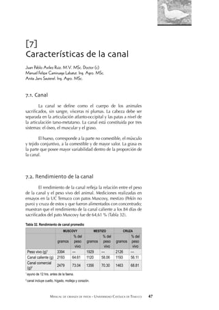 MANUAL DE CRIANZA DE PATOS - UNIVERSIDAD CATÓLICA DE TEMUCO 47
[7]
Características de la canal
Juan Pablo Avilez Ruiz. M.V. MSc. Doctor (c)
Manuel Felipe Camiruaga Labatut. Ing. Agro. MSc.
Anita Jans Sauterel. Ing. Agro. MSc.
7.1. Canal
La canal se deﬁne como el cuerpo de los animales
sacriﬁcados, sin sangre, vísceras ni plumas. La cabeza debe ser
separada en la articulación atlanto-occipital y las patas a nivel de
la articulación tarso-metatarso. La canal está constituida por tres
sistemas: el óseo, el muscular y el graso.
El hueso, corresponde a la parte no comestible, el músculo
y tejido conjuntivo, a la comestible y de mayor valor. La grasa es
la parte que posee mayor variabilidad dentro de la proporción de
la canal.
7.2. Rendimiento de la canal
El rendimiento de la canal reﬂeja la relación entre el peso
de la canal y el peso vivo del animal. Mediciones realizadas en
ensayos en la UC Temuco con patos Muscovy, mestizo (Pekín no
puro) y cruza de estos y que fueron alimentados con concentrado;
muestran que el rendimiento de la canal caliente a los 84 días de
sacriﬁcados del pato Muscovy fue de 64,61 % (Tabla 32).
Tabla 32. Rendimiento de canal promedio
MUSCOVY MESTIZO CRUZA
gramos
% del
peso
vivo
gramos
% del
peso
vivo
gramos
% del
peso
vivo
Peso vivo (g)1
3394 --- 1929 --- 2126 ---
Canal caliente (g) 2193 64.61 1120 58.06 1193 56.11
Canal comercial
(g)2 2479 73.04 1356 70.30 1463 68.81
1
ayuno de 12 hrs. antes de la faena.
2
canal incluye cuello, hígado, molleja y corazón.
 