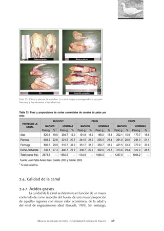 MANUAL DE CRIANZA DE PATOS - UNIVERSIDAD CATÓLICA DE TEMUCO 49
Foto 15. Canal y piezas de canales- La canal mayor corresponden a un pato
Mucovy y las menores a los Mestizos.
Tabla 33. Peso y proporciones de cortes comerciales de canales de patos por
sexo
PARTES DE LA
CANAL
MUSCOVY PEKIN CRUZA
MACHOS HEMBRAS MACHOS HEMBRAS MACHOS HEMBRAS
Peso g %1 Peso g % Peso g % Peso g % Peso g % Peso g %
Alas 520.6 19.5 294.7 19.0 191.8 16.9 169.0 15.4 202.1 15.9 170.7 15.6
Piernas 603.9 22.6 321.5 20.7 241.5 21.3 235.3 21.4 261.0 20.6 231.0 21.1
Pechuga 800.5 29.9 516.7 33.3 351.7 31.0 350.7 31.9 421.5 33.3 370.9 33.9
Dorso-Rabadilla 730.8 27.3 406.7 26.2 336.7 29.7 302.0 27.5 373.0 29.4 312.0 28.5
Total (canal fría) 2674.5 --- 1550.5 --- 1134.9 --- 1099.3 --- 1267.9 --- 1094.2 ---
Fuente: Juan Pablo Avilez-Tesis: Castillo, 2003 y Rubilar, 2003.
1 % total canal fría.
7.4. Calidad de la canal
7.4.1. Ácidos grasos
La calidad de la canal se determina en función de un mayor
contenido de carne respecto del hueso, de una mayor proporción
de aquellas regiones con mayor valor económico, de la edad y
del nivel de engrasamiento ideal (Buxadé, 1995). Sin embargo,
 