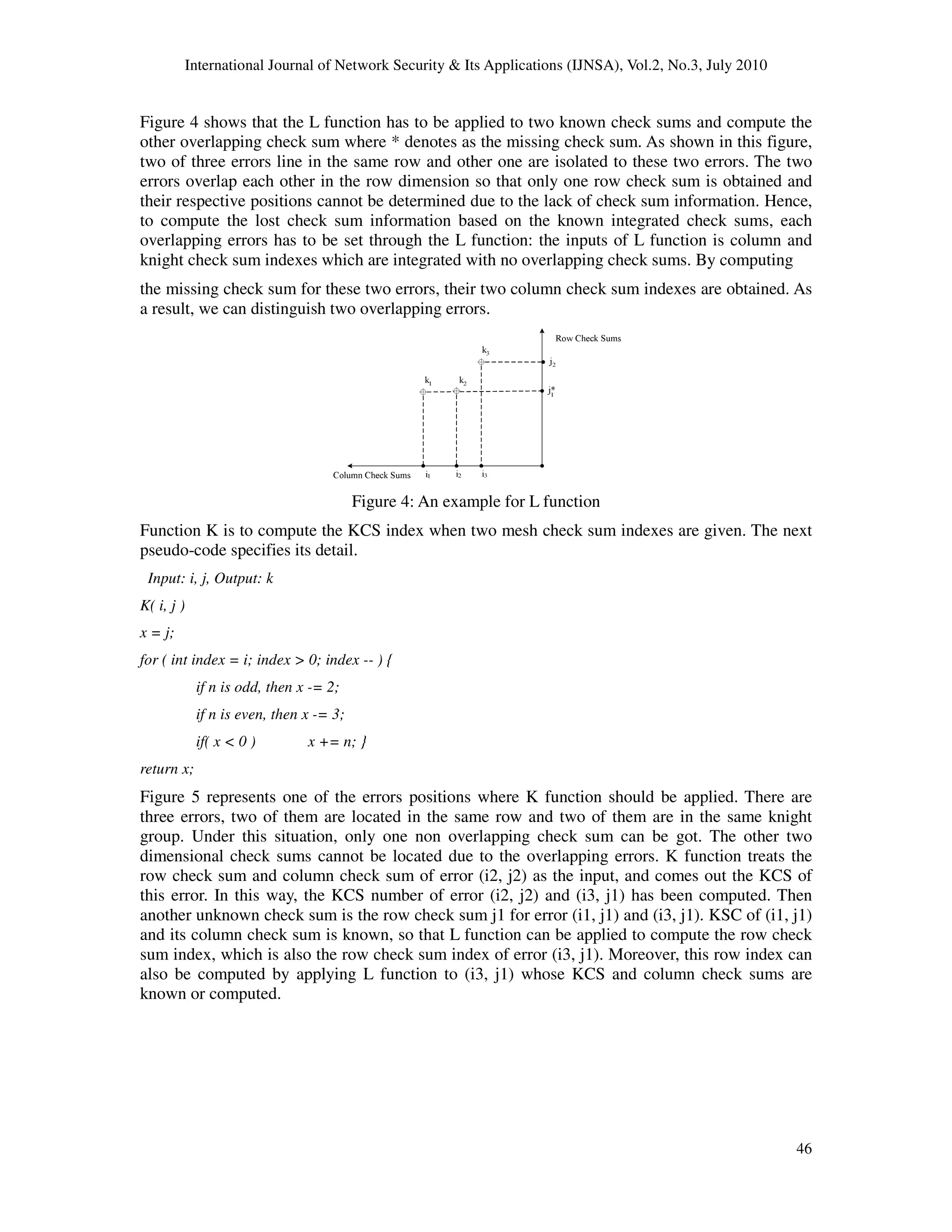 International Journal of Network Security & Its Applications (IJNSA), Vol.2, No.3, July 2010
46
Figure 4 shows that the L function has to be applied to two known check sums and compute the
other overlapping check sum where * denotes as the missing check sum. As shown in this figure,
two of three errors line in the same row and other one are isolated to these two errors. The two
errors overlap each other in the row dimension so that only one row check sum is obtained and
their respective positions cannot be determined due to the lack of check sum information. Hence,
to compute the lost check sum information based on the known integrated check sums, each
overlapping errors has to be set through the L function: the inputs of L function is column and
knight check sum indexes which are integrated with no overlapping check sums. By computing
the missing check sum for these two errors, their two column check sum indexes are obtained. As
a result, we can distinguish two overlapping errors.
Figure 4: An example for L function
Function K is to compute the KCS index when two mesh check sum indexes are given. The next
pseudo-code specifies its detail.
Input: i, j, Output: k
K( i, j )
x = j;
for ( int index = i; index > 0; index -- ) {
if n is odd, then x -= 2;
if n is even, then x -= 3;
if( x < 0 ) x += n; }
return x;
Figure 5 represents one of the errors positions where K function should be applied. There are
three errors, two of them are located in the same row and two of them are in the same knight
group. Under this situation, only one non overlapping check sum can be got. The other two
dimensional check sums cannot be located due to the overlapping errors. K function treats the
row check sum and column check sum of error (i2, j2) as the input, and comes out the KCS of
this error. In this way, the KCS number of error (i2, j2) and (i3, j1) has been computed. Then
another unknown check sum is the row check sum j1 for error (i1, j1) and (i3, j1). KSC of (i1, j1)
and its column check sum is known, so that L function can be applied to compute the row check
sum index, which is also the row check sum index of error (i3, j1). Moreover, this row index can
also be computed by applying L function to (i3, j1) whose KCS and column check sums are
known or computed.
 