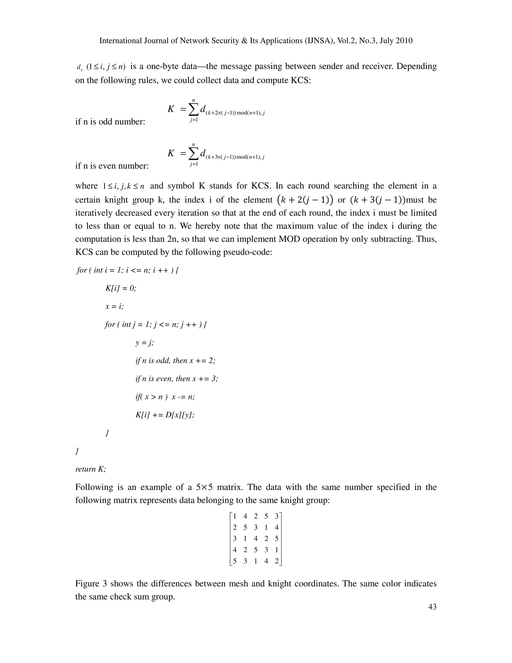 International Journal of Network Security & Its Applications (IJNSA), Vol.2, No.3, July 2010
43
ij
d (1 , )i j n≤ ≤ is a one-byte data—the message passing between sender and receiver. Depending
on the following rules, we could collect data and compute KCS:
if n is odd number:
( 2 ( 1))mod( 1),
1
n
k j n j
j
K d + × − +
=
= ∑
if n is even number:
( 3 ( 1))mod( 1),
1
n
k j n j
j
K d + × − +
=
= ∑
where 1 , ,i j k n≤ ≤ and symbol K stands for KCS. In each round searching the element in a
certain knight group k, the index i of the element ൫݇ ൅ 2ሺ݆ െ 1ሻ൯ or ሺ݇ ൅ 3ሺ݆ െ 1ሻሻmust be
iteratively decreased every iteration so that at the end of each round, the index i must be limited
to less than or equal to n. We hereby note that the maximum value of the index i during the
computation is less than 2n, so that we can implement MOD operation by only subtracting. Thus,
KCS can be computed by the following pseudo-code:
for ( int i = 1; i <= n; i ++ ) {
K[i] = 0;
x = i;
for ( int j = 1; j <= n; j ++ ) {
y = j;
if n is odd, then x += 2;
if n is even, then x += 3;
if( x > n ) x -= n;
K[i] += D[x][y];
}
}
return K;
Following is an example of a 5×5 matrix. The data with the same number specified in the
following matrix represents data belonging to the same knight group:
1 4 2 5 3
2 5 3 1 4
3 1 4 2 5
4 2 5 3 1
5 3 1 4 2
 
 
 
 
 
 
  
Figure 3 shows the differences between mesh and knight coordinates. The same color indicates
the same check sum group.
 