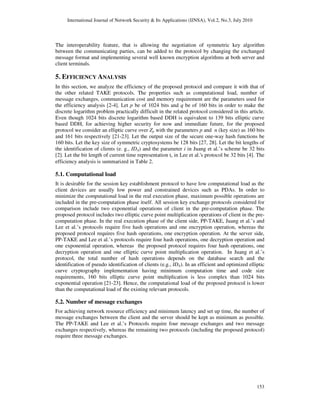 International Journal of Network Security & Its Applications (IJNSA), Vol.2, No.3, July 2010
153
The interoperability feature, that is allowing the negotiation of symmetric key algorithm
between the communicating parties, can be added to the protocol by changing the exchanged
message format and implementing several well known encryption algorithms at both server and
client terminals.
5. EFFICIENCY ANALYSIS
In this section, we analyze the efficiency of the proposed protocol and compare it with that of
the other related TAKE protocols. The properties such as computational load, number of
message exchanges, communication cost and memory requirement are the parameters used for
the efficiency analysis [2-4]. Let p be of 1024 bits and q be of 160 bits in order to make the
discrete logarithm problem practically difficult in the related protocol considered in this article.
Even though 1024 bits discrete logarithm based DDH is equivalent to 139 bits elliptic curve
based DDH, for achieving higher security for now and immediate future, for the proposed
protocol we consider an elliptic curve over Zp with the parameters p and n (key size) as 160 bits
and 161 bits respectively [21-23]. Let the output size of the secure one-way hash functions be
160 bits. Let the key size of symmetric cryptosystems be 128 bits [27, 28]. Let the bit lengths of
the identification of clients (e. g., IDA) and the parameter i in Juang et al.’s scheme be 32 bits
[2]. Let the bit length of current time representation ts in Lee et al.'s protocol be 32 bits [4]. The
efficiency analysis is summarized in Table 2.
5.1. Computational load
It is desirable for the session key establishment protocol to have low computational load as the
client devices are usually low power and constrained devices such as PDAs. In order to
minimize the computational load in the real execution phase, maximum possible operations are
included in the pre-computation phase itself. All session key exchange protocols considered for
comparison include two exponential operations of client in the pre-computation phase. The
proposed protocol includes two elliptic curve point multiplication operations of client in the pre-
computation phase. In the real execution phase of the client side, PP-TAKE, Juang et al.’s and
Lee et al.’s protocols require five hash operations and one encryption operation, whereas the
proposed protocol requires five hash operations, one encryption operation. At the server side,
PP-TAKE and Lee et al.’s protocols require four hash operations, one decryption operation and
one exponential operation, whereas the proposed protocol requires four hash operations, one
decryption operation and one elliptic curve point multiplication operation. In Juang et al.’s
protocol, the total number of hash operations depends on the database search and the
identification of pseudo identification of clients (e.g., IDA). In an efficient and optimized elliptic
curve cryptography implementation having minimum computation time and code size
requirements, 160 bits elliptic curve point multiplication is less complex than 1024 bits
exponential operation [21-23]. Hence, the computational load of the proposed protocol is lower
than the computational load of the existing relevant protocols.
5.2. Number of message exchanges
For achieving network resource efficiency and minimum latency and set up time, the number of
message exchanges between the client and the server should be kept as minimum as possible.
The PP-TAKE and Lee et al.’s Protocols require four message exchanges and two message
exchanges respectively, whereas the remaining two protocols (including the proposed protocol)
require three message exchanges.
 
