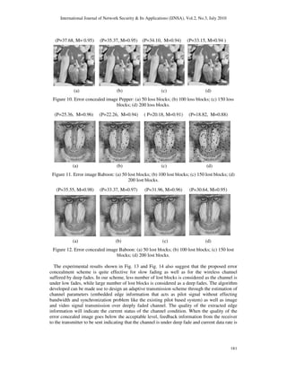 International Journal of Network Security & Its Applications (IJNSA), Vol.2, No.3, July 2010
(P=37.68, M= 0.95) (P=35.37, M=0.95) (P=34.10, M=0.94) (P=33.15, M=0.94 )
(a) (b)
Figure 10. Error concealed image
(P=25.36, M=0.96) (P=22.26, M=
(a) (b)
Figure 11. Error image Baboon: (a) 50
(P=35.55, M=0.98) (P=33.37
(a)
Figure 12. Error concealed image
The experimental results shown in Fig. 13 and Fig. 14 also suggest that the proposed error
concealment scheme is quite effective for slow fading as well as for the wireless channel
suffered by deep fades. In our scheme, less number of lost blocks is considered as the channel i
under low fades, while large number of lost blocks is considered as a deep fades. The algorithm
developed can be made use to design an adaptive transmission scheme through the estimation of
channel parameters (embedded edge information that acts as pilot
bandwidth and synchronization problem like the existing pilot based system) as well as image
and video signal transmission over deeply faded channel. The quality of the extracted edge
information will indicate the current status o
error concealed image goes below the acceptable level, feedback information from the receiver
to the transmitter to be sent indicating that the channel is under deep fade and current data rate is
International Journal of Network Security & Its Applications (IJNSA), Vol.2, No.3, July 2010
(P=37.68, M= 0.95) (P=35.37, M=0.95) (P=34.10, M=0.94) (P=33.15, M=0.94 )
(a) (b) (c) (d)
Figure 10. Error concealed image Pepper: (a) 50 loss blocks; (b) 100 loss blocks; (c) 150
blocks; (d) 200 loss blocks.
(P=22.26, M=0.94) ( P=20.18, M=0.91) (P=18.82, M=
(a) (b) (c) (d)
: (a) 50 lost blocks; (b) 100 lost blocks; (c) 150 lost blocks;
200 lost blocks.
33.37, M=0.97) (P=31.96, M=0.96) (P=30.64, M=
(b) (c) (d)
Figure 12. Error concealed image Baboon: (a) 50 lost blocks; (b) 100 lost blocks; (c) 150
blocks; (d) 200 lost blocks.
lts shown in Fig. 13 and Fig. 14 also suggest that the proposed error
concealment scheme is quite effective for slow fading as well as for the wireless channel
suffered by deep fades. In our scheme, less number of lost blocks is considered as the channel i
under low fades, while large number of lost blocks is considered as a deep fades. The algorithm
developed can be made use to design an adaptive transmission scheme through the estimation of
channel parameters (embedded edge information that acts as pilot signal without effecting
bandwidth and synchronization problem like the existing pilot based system) as well as image
and video signal transmission over deeply faded channel. The quality of the extracted edge
information will indicate the current status of the channel condition. When the quality of the
error concealed image goes below the acceptable level, feedback information from the receiver
to the transmitter to be sent indicating that the channel is under deep fade and current data rate is
International Journal of Network Security & Its Applications (IJNSA), Vol.2, No.3, July 2010
181
(P=37.68, M= 0.95) (P=35.37, M=0.95) (P=34.10, M=0.94) (P=33.15, M=0.94 )
; (c) 150 loss
(P=18.82, M=0.88)
lost blocks; (d)
, M=0.95)
(b) (c) (d)
; (c) 150 lost
lts shown in Fig. 13 and Fig. 14 also suggest that the proposed error
concealment scheme is quite effective for slow fading as well as for the wireless channel
suffered by deep fades. In our scheme, less number of lost blocks is considered as the channel is
under low fades, while large number of lost blocks is considered as a deep fades. The algorithm
developed can be made use to design an adaptive transmission scheme through the estimation of
signal without effecting
bandwidth and synchronization problem like the existing pilot based system) as well as image
and video signal transmission over deeply faded channel. The quality of the extracted edge
f the channel condition. When the quality of the
error concealed image goes below the acceptable level, feedback information from the receiver
to the transmitter to be sent indicating that the channel is under deep fade and current data rate is
 