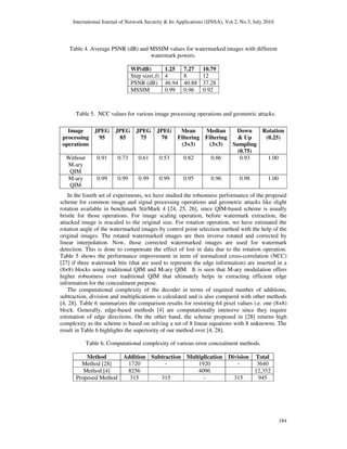 International Journal of Network Security & Its Applications (IJNSA), Vol.2, No.3, July 2010
184
Table 4. Average PSNR (dB) and MSSIM values for watermarked images with different
watermark powers.
WP(dB) 1.25 7.27 10.79
Step size(∆) 4 8 12
PSNR (dB) 46.94 40.88 37.28
MSSIM 0.99 0.96 0.92
Table 5. NCC values for various image processing operations and geometric attacks.
Image
processing
operations
JPEG
95
JPEG
85
JPEG
75
JPEG
70
Mean
Filtering
(3×3)
Median
Filtering
(3×3)
Down
& Up
Sampling
(0.75)
Rotation
(0.25)
Without
M-ary
QIM
0.91 0.73 0.61 0.53 0.82 0.86 0.93 1.00
M-ary
QIM
0.99 0.99 0.99 0.99 0.95 0.96 0.98 1.00
In the fourth set of experiments, we have studied the robustness performance of the proposed
scheme for common image and signal processing operations and geometric attacks like slight
rotation available in benchmark StirMark 4 [24, 25, 26], since QIM-based scheme is usually
bristle for those operations. For image scaling operation, before watermark extraction, the
attacked image is rescaled to the original size. For rotation operation, we have estimated the
rotation angle of the watermarked images by control point selection method with the help of the
original images. The rotated watermarked images are then inverse rotated and corrected by
linear interpolation. Now, those corrected watermarked images are used for watermark
detection. This is done to compensate the effect of lost in data due to the rotation operation.
Table 5 shows the performance improvement in term of normalized cross-correlation (NCC)
[27] if three watermark bits (that are used to represent the edge information) are inserted in a
(8×8) blocks using traditional QIM and M-ary QIM. It is seen that M-ary modulation offers
higher robustness over traditional QIM that ultimately helps in extracting efficient edge
information for the concealment purpose.
The computational complexity of the decoder in terms of required number of additions,
subtraction, division and multiplications is calculated and is also compared with other methods
[4, 28]. Table 6 summarizes the comparison results for restoring 64 pixel values i.e. one (8×8)
block. Generally, edge-based methods [4] are computationally intensive since they require
estimation of edge directions. On the other hand, the scheme proposed in [28] returns high
complexity as the scheme is based on solving a set of 8 linear equations with 8 unknowns. The
result in Table 6 highlights the superiority of our method over [4, 28].
Table 6. Computational complexity of various error concealment methods.
Method Addition Subtraction Multiplication Division Total
Method [28] 1720 - 1920 - 3640
Method [4] 8256 4096 12,352
Proposed Method 315 315 - 315 945
 