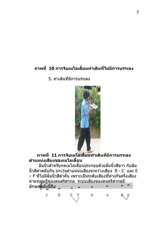 7




   ภาพที่ 10 การจับเมโลเดี้ยนท่าเดินที่ไม่มีการบรรเลง

            5. ท่ำเดินที่มีกำรบรรเลง




      ภาพที่ 11 การจับเมโลเดี้ยนท่าเดินที่มีการบรรเลง
ตำาแหน่งเสียงของเมโลเดี้ยน
            ้
       ลิ่มนิวสำำหรับกดเมโลเดี้ยนประกอบด้วยลิมนิ้วสีขำว กับลิ่ม
                                                 ้
นิ้วสีดำำสลับกัน ยกเว้นตำำแหน่งเสียงระหว่ำงเสียง B - C และ E
– F ที่ไม่มีลิ่มนิวสีดำำคั่น เพรำะเป็นระดับเสียงที่ห่ำงกันครึ่งเสียง
                  ้
ตำมทฤษฏีของดนตรีสำกล ระบบเสียงของดนตรีสำกลมี
ลักษณะดังนี้คือ
 