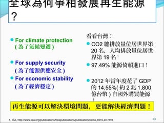 ȫΠlչԴ
?For climate protection
( ˚׃w )
?For supply security
( Դȫ )
?For economic stability
( ˽ )
̨
?CO2 ŷλ
20 ˾ŷλ
 19  1
?97.49% ԴهMڣ
?2012 ꮔȻ GDP
 14.55%( s 2  1,800
|̨ ) ԇُIԴ

131. IEA, http://www.iea.org/publications/freepublications/publication/name,4010,en.html
ԴԽQh}ܽQ}
 