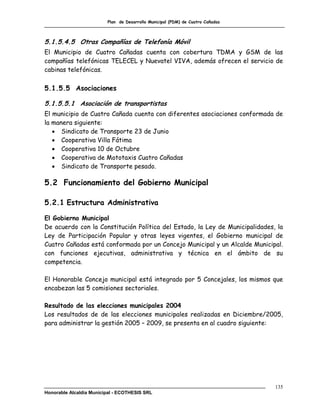 Plan de Desarrollo Municipal (PDM) de Cuatro Cañadas



5.1.5.4.5 Otras Compañías de Telefonía Móvil
El Municipio de Cuatro Cañadas cuenta con cobertura TDMA y GSM de las
compañías telefónicas TELECEL y Nuevatel VIVA, además ofrecen el servicio de
cabinas telefónicas.

5.1.5.5 Asociaciones

5.1.5.5.1 Asociación de transportistas
El municipio de Cuatro Cañada cuenta con diferentes asociaciones conformada de
la manera siguiente:
    Sindicato de Transporte 23 de Junio
    Cooperativa Villa Fátima
    Cooperativa 10 de Octubre
    Cooperativa de Mototaxis Cuatro Cañadas
    Sindicato de Transporte pesado.

5.2 Funcionamiento del Gobierno Municipal

5.2.1 Estructura Administrativa

El Gobierno Municipal
De acuerdo con la Constitución Política del Estado, la Ley de Municipalidades, la
Ley de Participación Popular y otras leyes vigentes, el Gobierno municipal de
Cuatro Cañadas está conformada por un Concejo Municipal y un Alcalde Municipal.
con funciones ejecutivas, administrativa y técnica en el ámbito de su
competencia.

El Honorable Concejo municipal está integrado por 5 Concejales, los mismos que
encabezan las 5 comisiones sectoriales.

Resultado de las elecciones municipales 2004
Los resultados de de las elecciones municipales realizadas en Diciembre/2005,
para administrar la gestión 2005 – 2009, se presenta en al cuadro siguiente:




                                                                                135
Honorable Alcaldía Municipal - ECOTHESIS SRL
 
