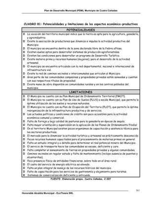 Plan de Desarrollo Municipal (PDM), Municipio de Cuatro Cañadas




 CUADRO 81: Potencialidades y limitaciones de los aspectos económico-productivos

                                      POTENCIALIDADES
 La vocación del territorio municipal indica que la tierra es apta para la agricultura, ganadería,
  y agroindustria.
 Existe la asociación de productores que dinamiza e impulsa la actividad productiva del
  Municipio.
 El municipio se encuentra dentro de la zona declarada libre de la fiebre aftosa.
 Existen suelos aptos para desarrollar sistemas de producción agroforestales.
 Existen las condiciones para desarrollar un programa de Desarrollo Turístico.
 Existe materia prima y recursos humanos (mujeres), para el desarrollo de la actividad
  artesanal.
 El municipio se encuentra articulado con la red departamental, nacional e internacional de
  infraestructura vial.
 Existe la red de caminos vecinales o intercomunales que articulan al Municipio.
 Gran parte de las comunidades campesinas y propiedades privadas están saneadas y cuentan
  con sus respectivos títulos de propiedad.
 Existe mano de obra disponible en comunidades rurales y en los centros poblados del
  municipio.
                                        LIMITACIONES
 El Municipio no cuenta con su Plan Municipal de Ordenamiento Territorial (PMOT).
 El Municipio no cuenta con su Plan de Uso de Suelos (PLUS) a escala Municipal, que permita la
  óptima utilización de los suelos y recursos naturales.
 El Municipio no cuenta con su Plan de Ocupación del Territorio (PLOT), que permita la óptima
  reorganización de la infraestructura productiva y de servicios.
 Las actuales políticas y condiciones de crédito son poco accesibles para la actividad
  económica comunal y comercial.
 Falta de forraje y baja calidad de pasturas para la ganadería en épocas de sequía.
 Falta mayor orientación y supervisión en la aplicación de los Planes de Ordenamiento Predial
 En el territorio Municipal existen pocos organismos de capacitación y asistencia técnica para
  los sectores productivos.
 El mercado para la dinamizar la actividad turística y artesanal es prácticamente desconocido.
 Pocos recursos humanos capacitados para el procesamiento de materias primas en general.
 Falta un estudio integral y a detalle para determinar el real potencial minero del Municipio.
 El servicio de transporte hacia las comunidades es escaso, deficiente y caro.
 Falta completar el saneamiento de tierras en propiedades privadas y algunas comunidades.
 Caminos vecinales en regular estado y falta de mantenimiento (incluye ausencia de puentes y
  alcantarillas).
 Poca presencia física de entidades financieras, sobre todo en el área rural.
 El costo del servicio de energía eléctrica es elevado.
 Falta un plan integral de manejo de los recursos hídricos del municipio.
 Falta de capacitación para los servicios de gastronomía y alojamiento para turistas.
 Sistemas de comercialización deficiente y anticuada.
                        FUENTE: Elaboración propia. Cuatro Cañadas, 2.007



                                                                                                161
Honorable Alcaldía Municipal - EcoThesis SRL
 