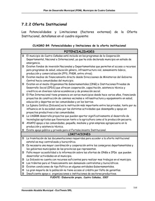 Plan de Desarrollo Municipal (PDM), Municipio de Cuatro Cañadas




7.2.2 Oferta Institucional

Las Potencialidades y Limitaciones (factores                      externos)      de   la   Oferta
Institucional, detallamos en el cuadro siguiente:


         CUADRO 84: Potencialidades y limitaciones de la oferta institucional

                                     POTENCIALIDADES
 El municipio de Cuatro Cañadas está incluido en los programas de la Cooperación
  Departamental, Nacional e Internacional, ya que ha sido declarado municipio en estado de
  emergencia.
 Existen fondos de inversión Nacionales y Departamentales que permiten el acceso a recursos
  para programas de salud, educación género, infraestructura vial, saneamiento básico,
  producción y comercialización (FPS, FNDR, entre otros).
 Existen medios de financiamiento directo desde Direcciaones de Ministerios del Gobierno
  Central hacia comunidades del municipio.
 Existen en el medio Organismos No Gubernamentales (ONG) e Instituciones Privadas de
  Desarrollo Social (IPDS) que ofrecen cooperación, capacitación, asistencia técnica y
  crediticia en diversos rubros económicos y de promoción social.
 El Plan Internacional tiene presencia en varios municipios desde hace varios años, financiando
  proyectos de construcción de caminos vecinales e infraestructura y equipamiento en salud,
  educación y deportes en las comunidades y en los barrios.
 La Iglesia Católica (Diócesis) es la institución más importante entre las privadas, tanto por su
  influencia en la sociedad como por las distintas actividades que desempeña y apoya en
  proyectos productivos a las comunidades.
 La UAGRM desarrolla proyectos que pueden aportar significativamente al desarrollo de
  tecnologías agrícolas que favorezcan tanto a la agricultura como al la producción pecuaria.
 ANAPO apoya a las comunidades, pequeña, mediana y gran empresa agropecuaria en la
  producción y asistencia técnica.
 Existe apoyo público y privado para el Fortalecimiento Institucional.
                                        LIMITACIONES
 La tramitación de las documentaciones requeridas para acceder a la oferta institucional
  estatal es muy centralizada y burocrática.
 Es necesaria una mayor coordinación y cooperación entre los consejeros departamentales y
  los gobiernos municipales de las provincias que representan.
 Falta mayor accesibilidad a la información sobre las ofertas de ONGs e IPDs que pueden
  desarrollar actividades en el municipio.
 La Diócesis no cuenta con recursos suficientes para realizar mas trabajos en el municipio.
 Los trámites para el financiamiento son demasiado centralistas y burocráticos.
 Existen condiciones de tipo Político en algunas entidades Gubernamentales.
 La gran mayoría de la población no tiene acceso al crédito por falta de garantías.
 Insuficiente apoyo a organizaciones o instituciones de sectores productivos.
                         FUENTE: Elaboración propia. Cuatro Cañadas, 2007



                                                                                               164
Honorable Alcaldía Municipal - EcoThesis SRL
 