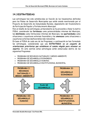 Plan de Desarrollo Municipal (PDM), Municipio de Cuatro Cañadas




14.3 ESTRATEGIAS
Las estrategias han sido establecidas en función de los lineamientos definidos
para los Planes de Desarrollo Municipales que están siendo monitoreado por el
Proyecto de Desarrollo de Comunidades Rurales, dependiente del Viceministerio
de Participación Popular y Fortalecimiento Municipal.
Para el diseño de las estrategias, primeramente se ha procedido a llenar la matriz
FODA, considerado las fortalezas como potencialidades internas del Municipio,
las debilidades como limitaciones internas del Municipio, las oportunidades como
situaciones o coyunturas externas favorables y las amenazas como situaciones o
coyunturas externas desfavorables más relevantes.
En base al FODA de cada uno de los Programas, a continuación se han formulado
las estrategias, considerando que una ESTRATEGIA es un conjunto de
orientaciones prioritarias que establecen el camino elegido para alcanzar un
objetivo. En este sentido estas estrategias están enmarcadas dentro de los
siguientes Programas:

      PROGRAMA DE RECURSOS NATURALES Y MEDIO AMBIENTE.
      PROGRAMA DE DESARROLLO ECONOMICO.
      PROGRAMA DE DESARROLLO HUMANO.
      PROGRAMA DE DESARROLLO INSTITUCIONAL MUNICIPAL.


     PROGRAMA I:                                                      PROGRAMA II:
      RECURSOS
                                                                       DESARROLLO
    NATURALES Y
                                                                       ECONÓMICO
   MEDIO AMBIENTE




                                       PLAN DE
                                     DESARROLLO



       PROGRAMA III:                                                  PROGRAMA IV:
        DESARROLLO                                                     DESARROLLO
          HUMANO                                                     INSTITUCIONAL
                                                                        MUNICIPAL


                                                                                     205
Honorable Alcaldía Municipal - EcoThesis SRL
 