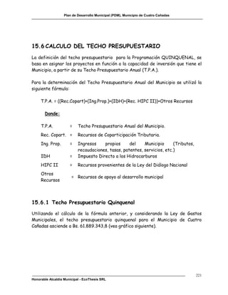 Plan de Desarrollo Municipal (PDM), Municipio de Cuatro Cañadas




15.6 CALCULO DEL TECHO PRESUPUESTARIO
La definición del techo presupuestario para la Programación QUINQUENAL, se
basa en asignar los proyectos en función a la capacidad de inversión que tiene el
Municipio, a partir de su Techo Presupuestario Anual (T.P.A.).

Para la determinación del Techo Presupuestario Anual del Municipio se utilizó la
siguiente fórmula:

     T.P.A. = ((Rec.Copart)+(Ing.Prop.)+(IDH)+(Rec. HIPC II))+Otros Recursos

       Donde:

     T.P.A.           =    Techo Presupuestario Anual del Municipio.
     Rec. Copart. =        Recursos de Coparticipación Tributaria.
     Ing. Prop.       =    Ingresos    propios      del    Municipio      (Tributos,
                           recaudaciones, tasas, patentes, servicios, etc.)
     IDH              =    Impuesto Directo a los Hidrocarburos
     HIPC II          =    Recursos provenientes de la Ley del Diálogo Nacional
     Otros
                       = Recursos de apoyo al desarrollo municipal
     Recursos




15.6.1 Techo Presupuestario Quinquenal

Utilizando el cálculo de la fórmula anterior, y considerando la Ley de Gastos
Municipales, el techo presupuestario quinquenal para el Municipio de Cuatro
Cañadas asciende a Bs. 61.889.343,8 (vea gráfico siguiente).




                                                                                       221
Honorable Alcaldía Municipal - EcoThesis SRL
 