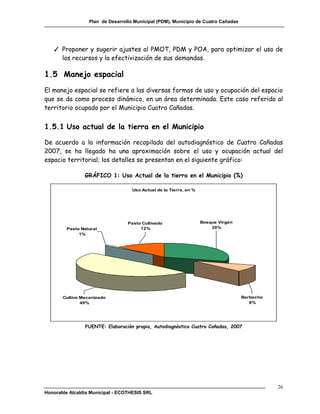 Plan de Desarrollo Municipal (PDM), Municipio de Cuatro Cañadas




   ✓ Proponer y sugerir ajustes al PMOT, PDM y POA, para optimizar el uso de
     los recursos y la efectivización de sus demandas.

1.5 Manejo espacial
El manejo espacial se refiere a las diversas formas de uso y ocupación del espacio
que se da como proceso dinámico, en un área determinada. Este caso referido al
territorio ocupado por el Municipio Cuatro Cañadas.


1.5.1 Uso actual de la tierra en el Municipio

De acuerdo a la información recopilada del autodiagnóstico de Cuatro Cañadas
2007, se ha llegado ha una aproximación sobre el uso y ocupación actual del
espacio territorial; los detalles se presentan en el siguiente gráfico:

                GRÁFICO 1: Uso Actual de la tierra en el Municipio (%)

                                    Uso Actual de la Tierra, en %




                                  Pasto Cultivado                   Bosque Virgen
         Pasto Natural                 12%                              30%
              1%




       Cultivo Mecanizado                                                           Barbecho
               49%                                                                     8%




                FUENTE: Elaboración propia, Autodiagnóstico Cuatro Cañadas, 2007




                                                                                               26
Honorable Alcaldía Municipal - ECOTHESIS SRL
 