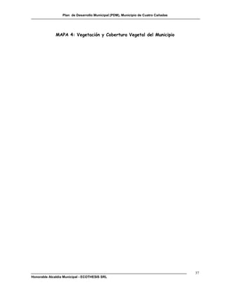 Plan de Desarrollo Municipal (PDM), Municipio de Cuatro Cañadas




              MAPA 4: Vegetación y Cobertura Vegetal del Municipio




                                                                                    37
Honorable Alcaldía Municipal - ECOTHESIS SRL
 